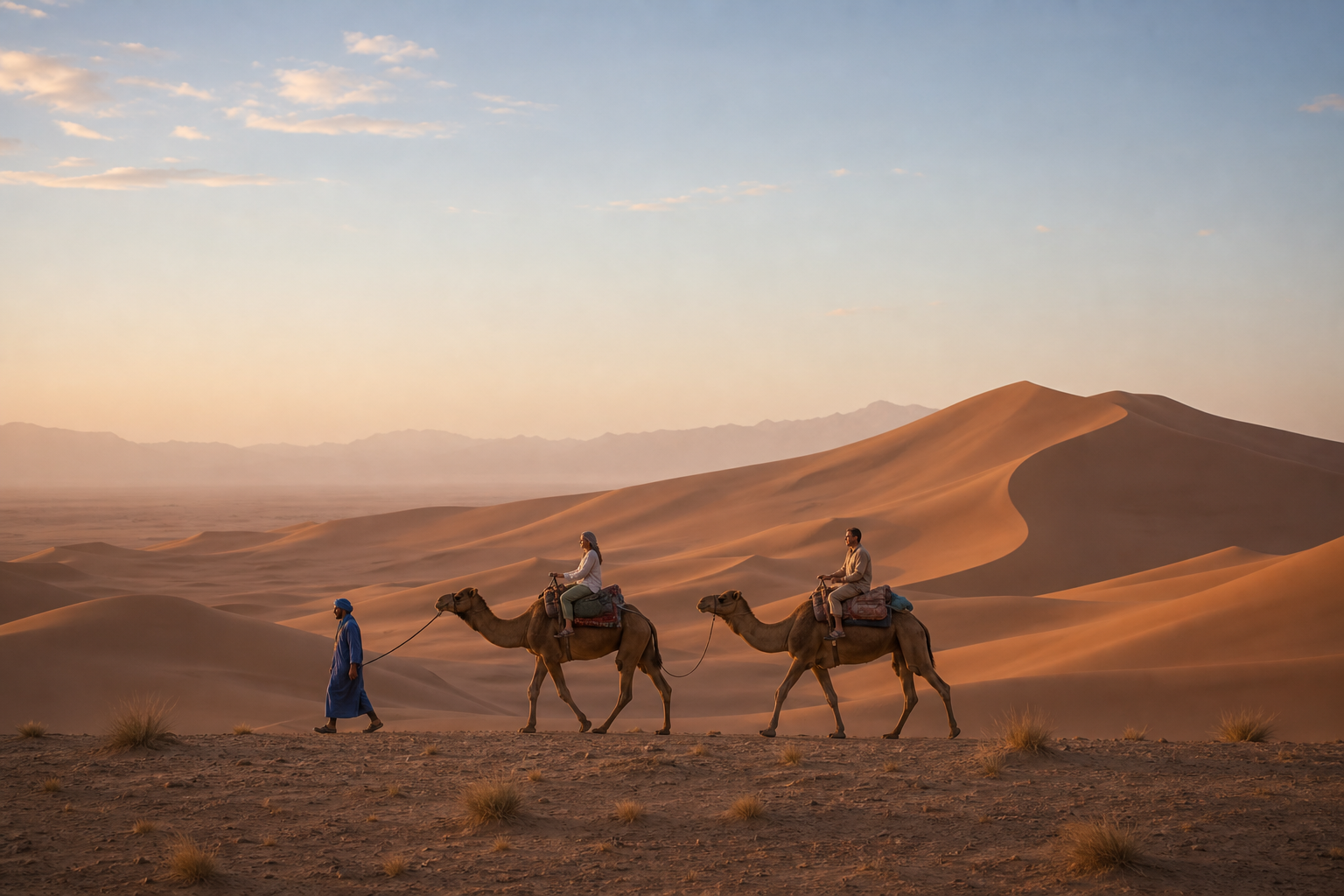 Camel caravan crossing Erg Chigaga at sunrise