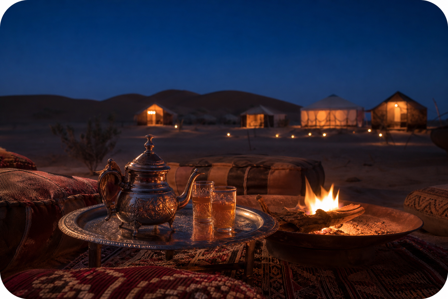Moroccan tea beside a fire at Chigaga Luxury Desert Camp at twilight