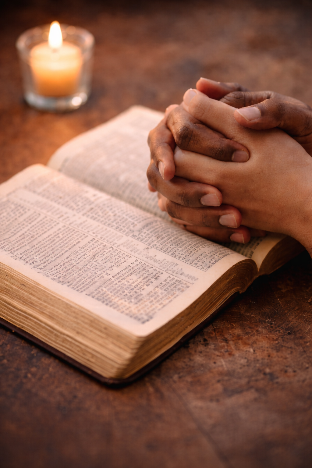 Two people holding hands over an open Bible on a wooden table, with a lit candle in the background.