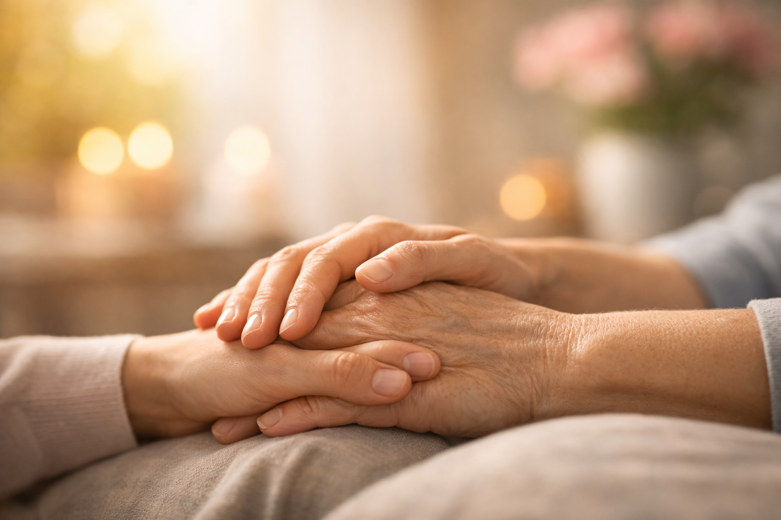 A close-up of two hands gently holding each other, one appearing older and the other younger, with a soft blurred background of warm lights.