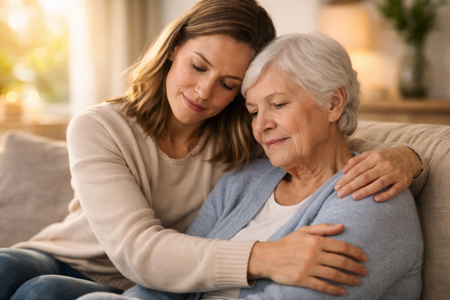 A young woman hugging an elderly woman on a sofa, both with their eyes closed and smiling peacefully.