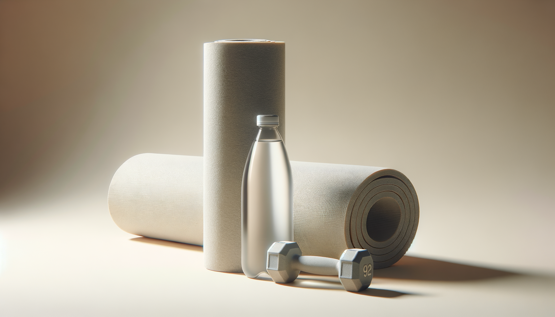 Fitness items including two yoga mats, a water bottle, a dumbbell, and foam rollers on a neutral background.