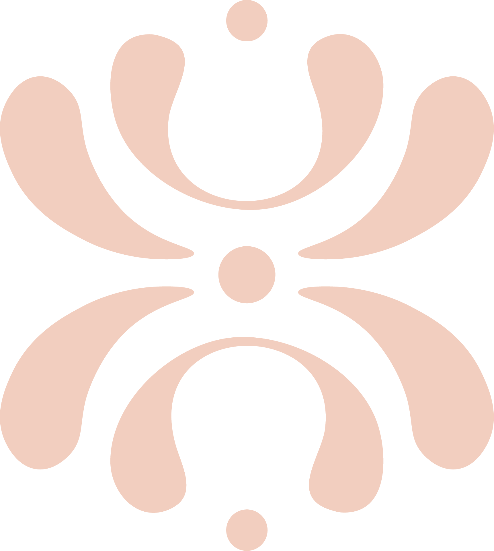 An abstract symmetrical black and beige design with curved shapes and dots.