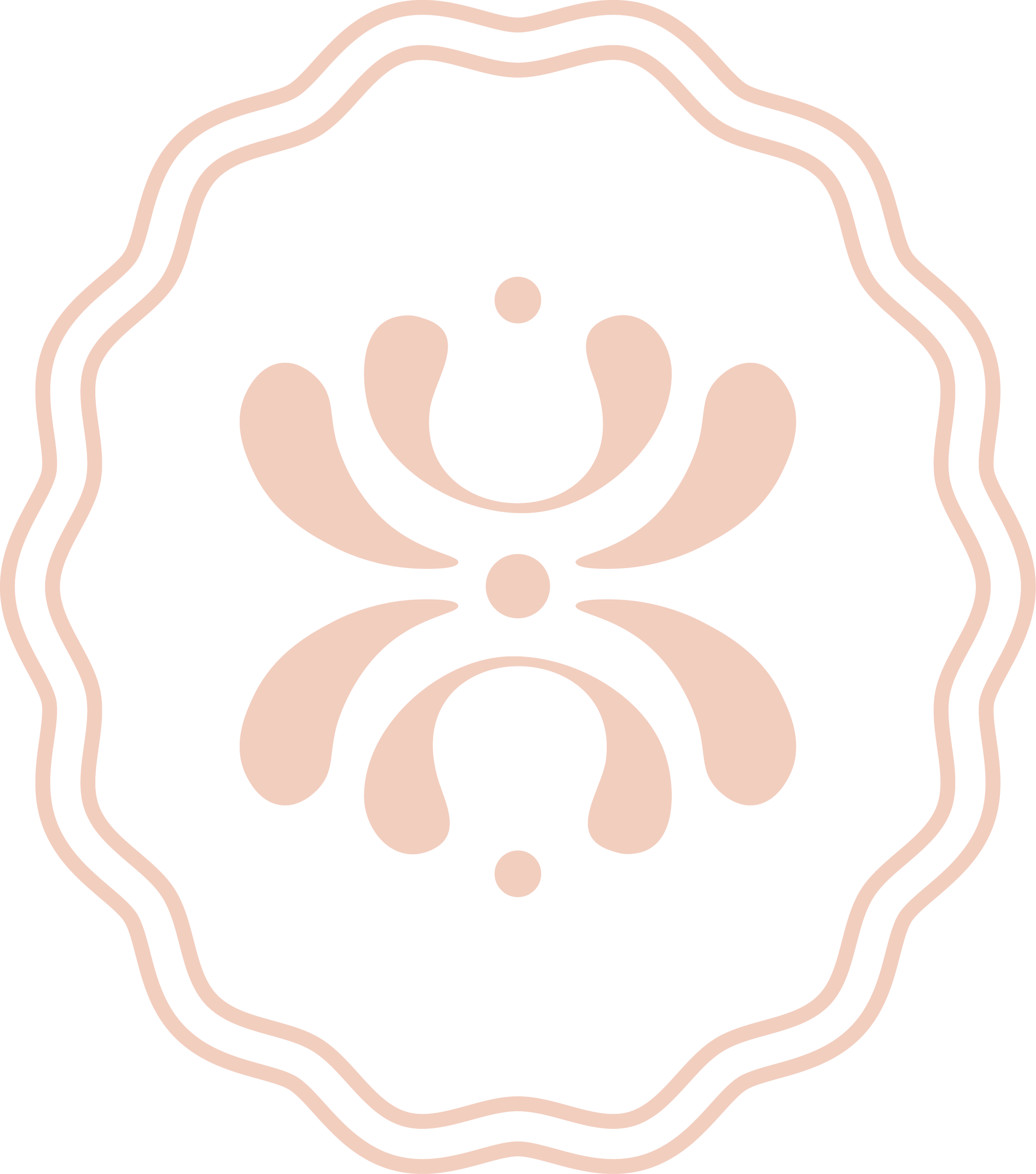 A symmetrical, abstract floral pattern with beige lines on a black background, resembling a mandala or decorative emblem.