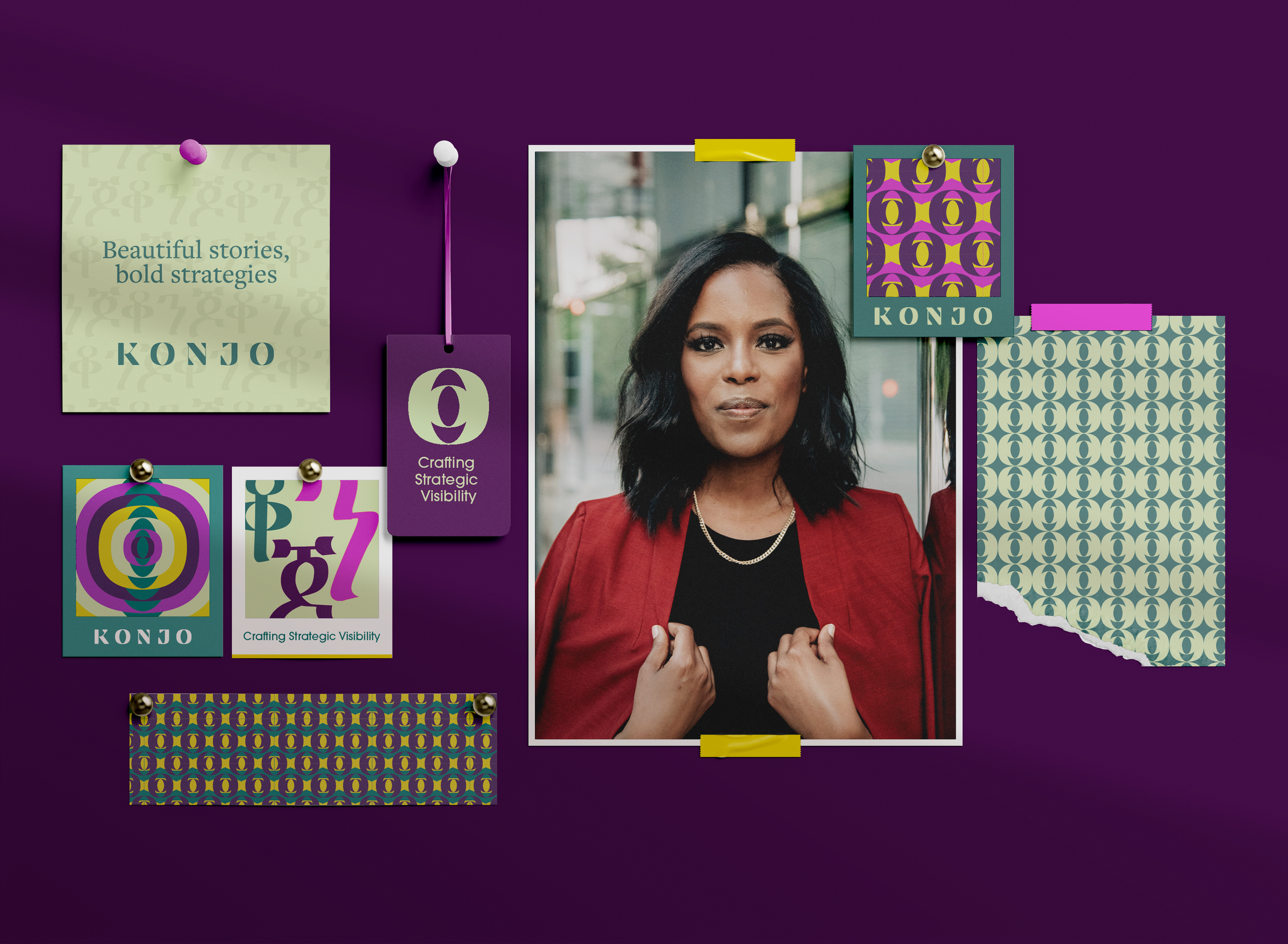 A woman's portrait surrounded by colorful posters, notes, and patterns pinned on a purple background.