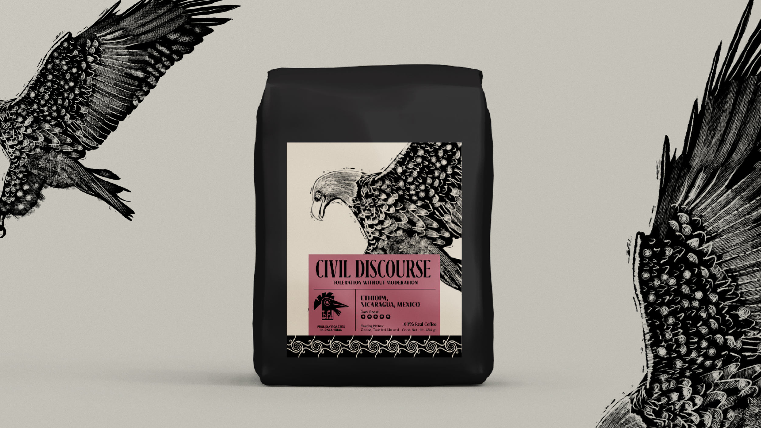 A black coffee bag with a label featuring an illustration of a bird of prey and the text 'Civil Discourse' on a pink background, set against a plain background with black and white bird illustrations on either side.