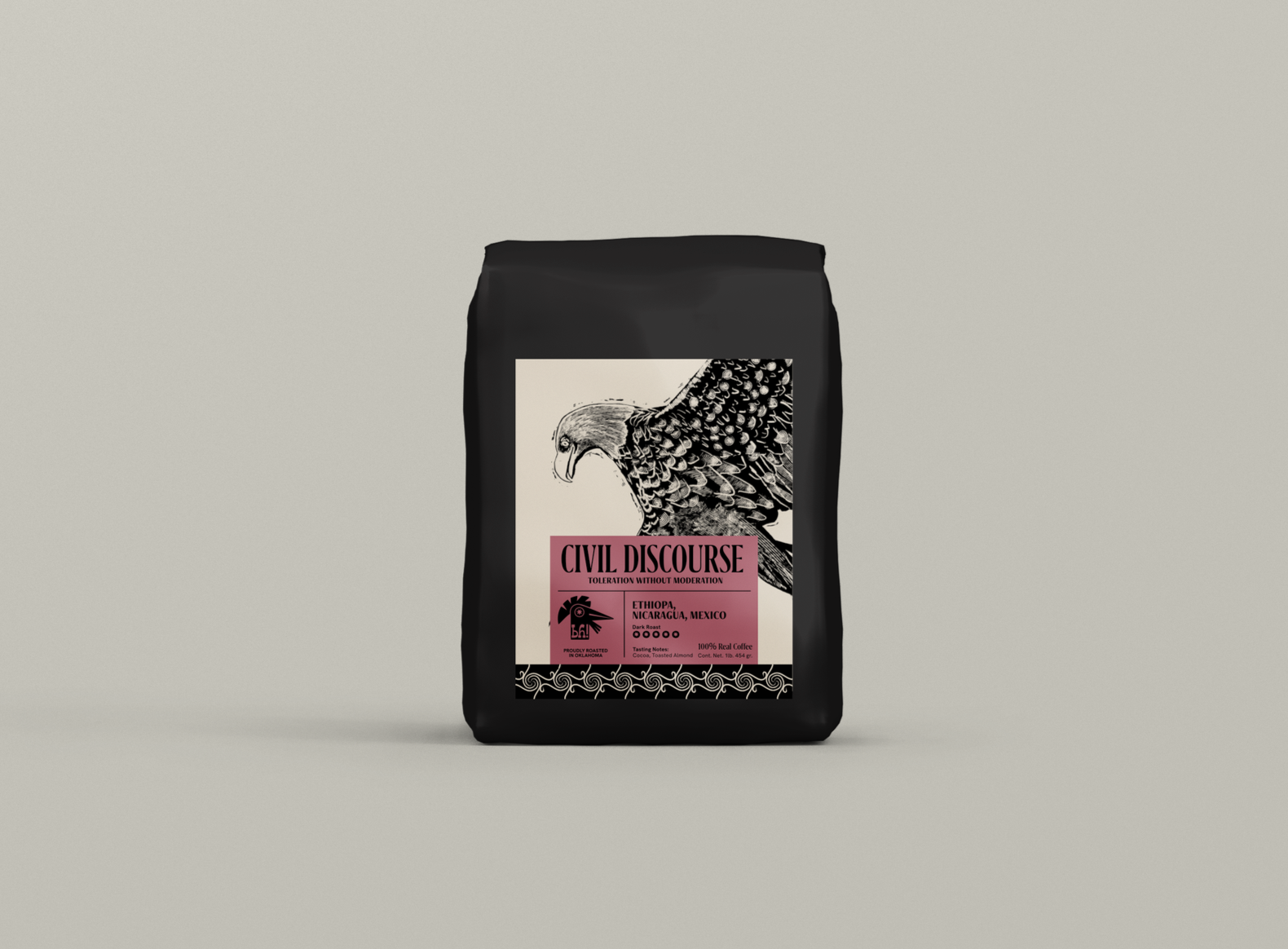 Black coffee bag with a label featuring an illustration of a bird of prey and pink text reading 'Civil Discourse'.