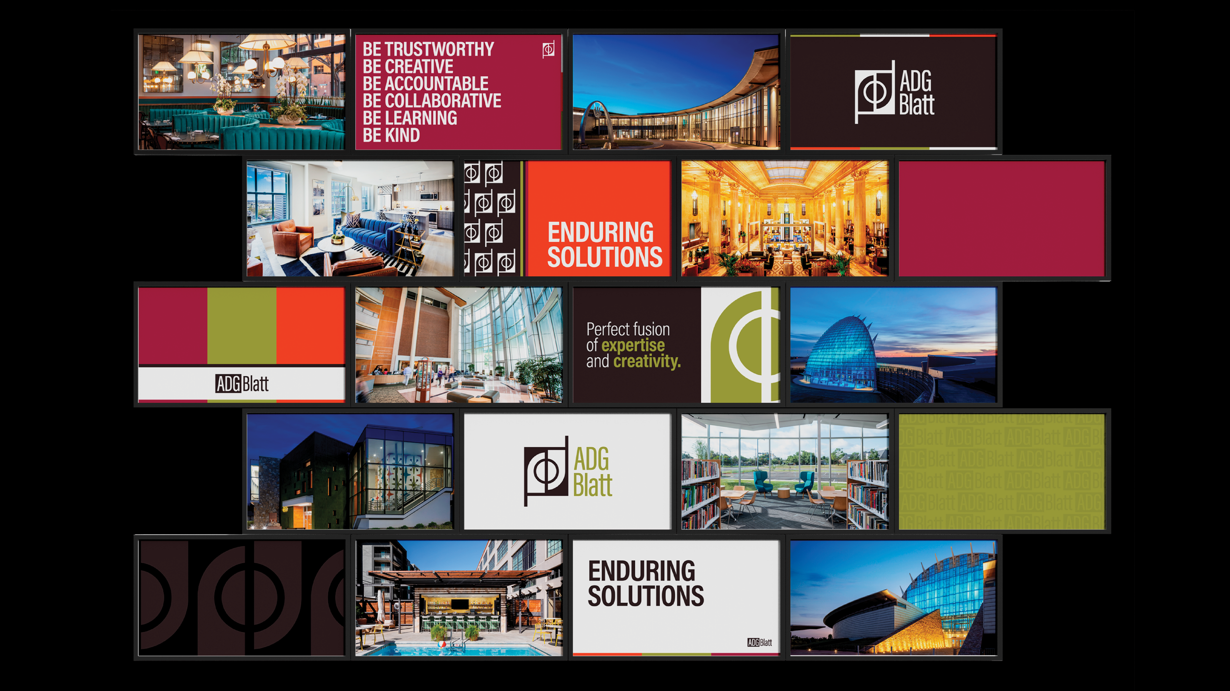 A collage of various images of architectural interiors and exteriors, with text overlays showcasing branding and marketing messages for ADG Blatt, emphasizing trustworthiness, creativity, accountability, collaboration, learning, kindness, excellence, and endurance solutions.