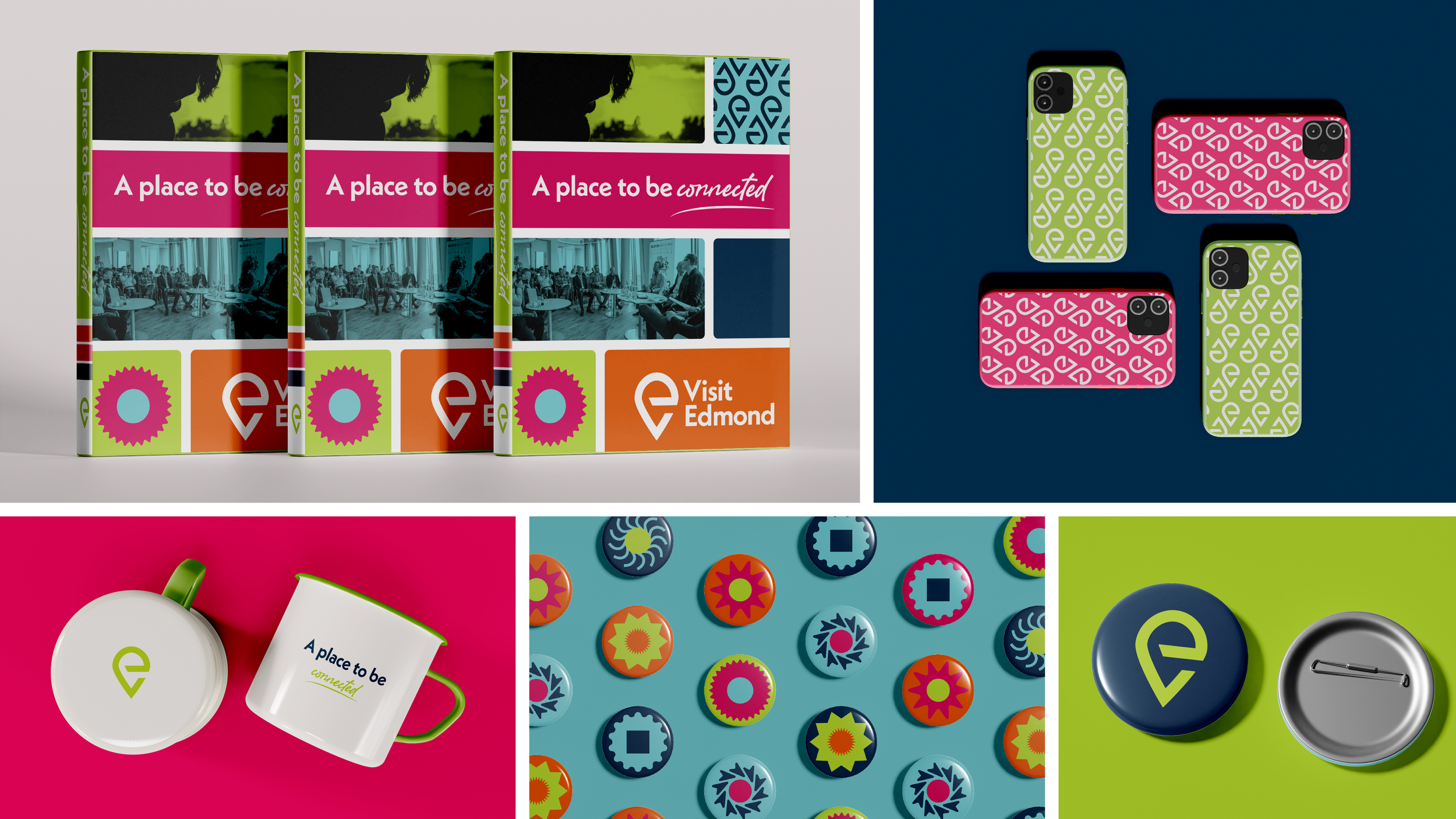 Collection of branded items including brochures, phone cases, mugs, buttons, and badges featuring logo and pattern designs for 'Visit Edmond' and 'A place to be connected.'