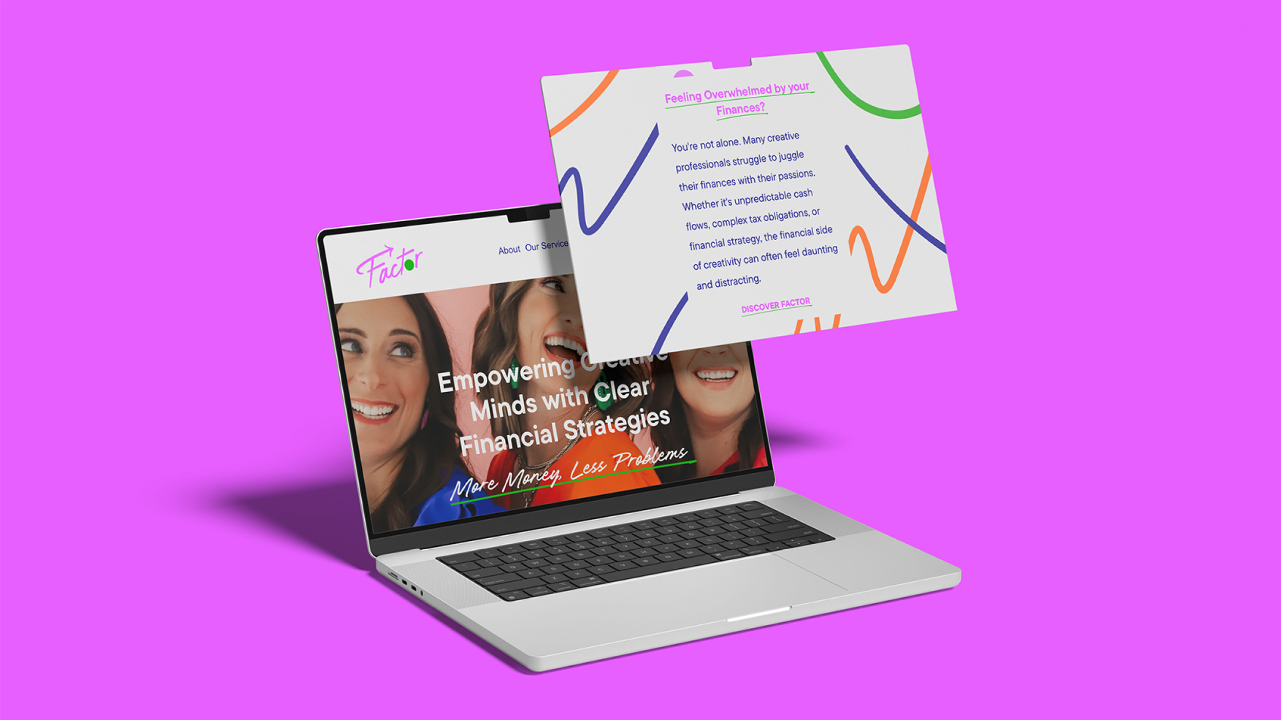 A laptop with a website on the screen that says "Empowering Creative Minds with Clear Financial Strategies" and a colorful brochure floating above it that discusses overcoming financial overwhelm and discovering financial strategies.