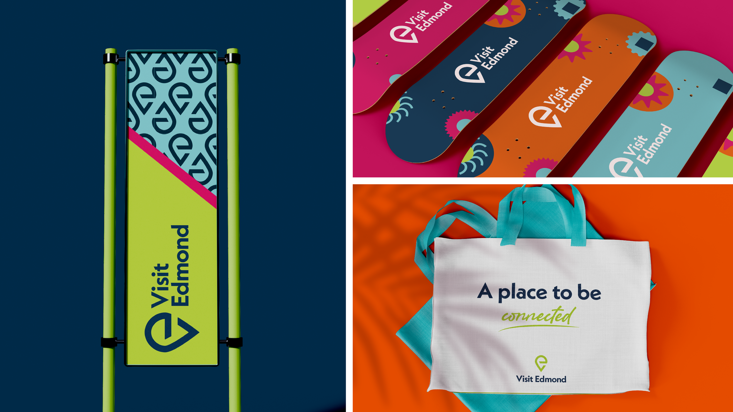 Collage of promotional items for Visit Edmond, including a vertical banner, colorful wristbands, and a white tote bag with teal handles, all displaying the Visit Edmond logo and branding.