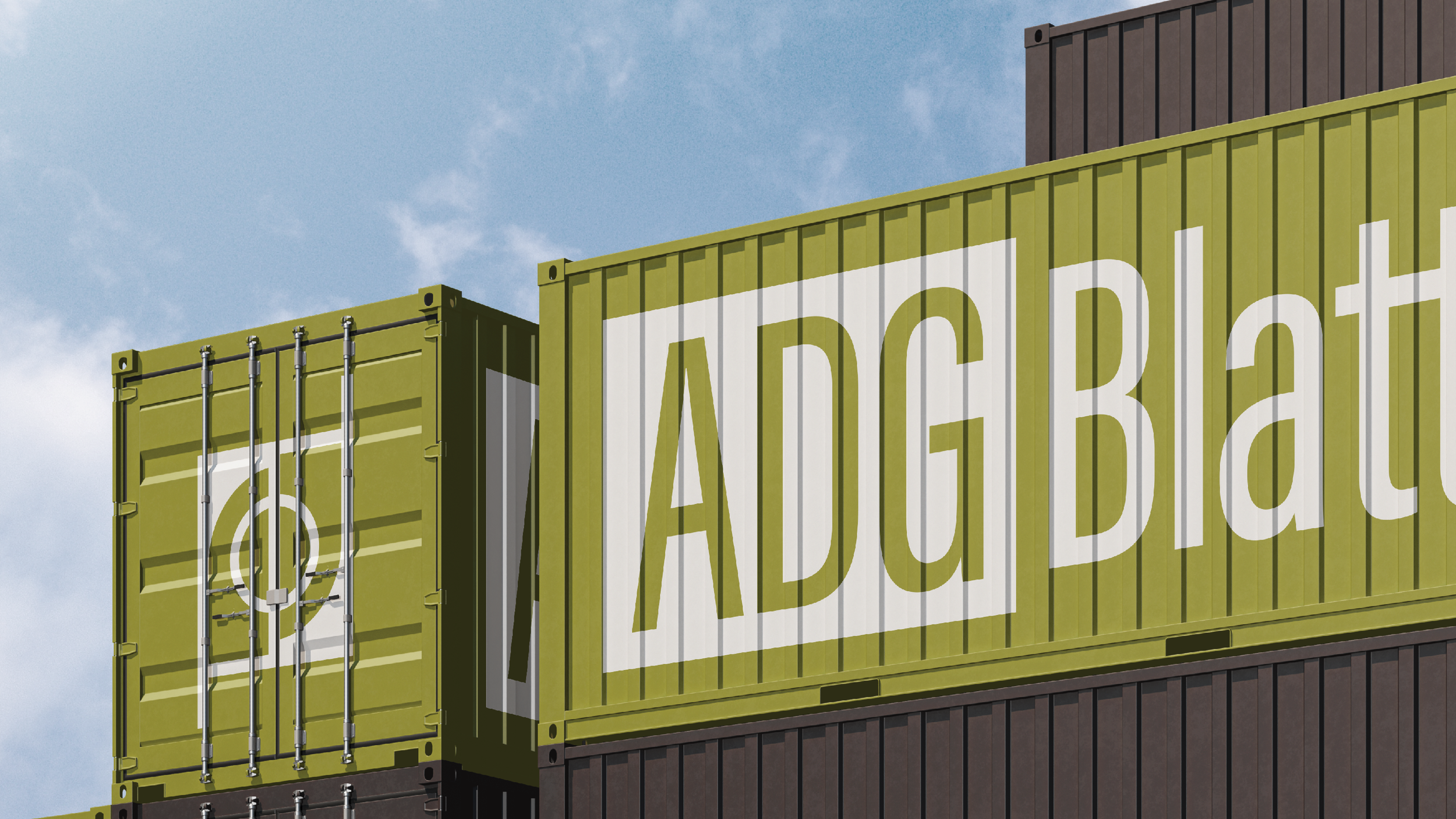 Two shipping containers stacked on top of each other, painted green and black, with large white letters spelling 'ADG Blatt' on one of the containers, set against a blue sky with a few clouds.