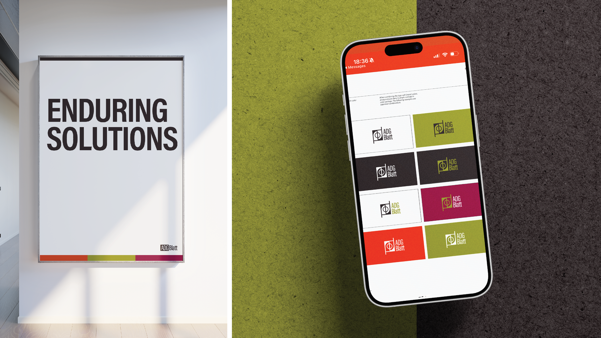 A sign that reads 'Enduring Solutions' on a white wall next to a smartphone displaying various logo designs for ADG Blatt in different color combinations.