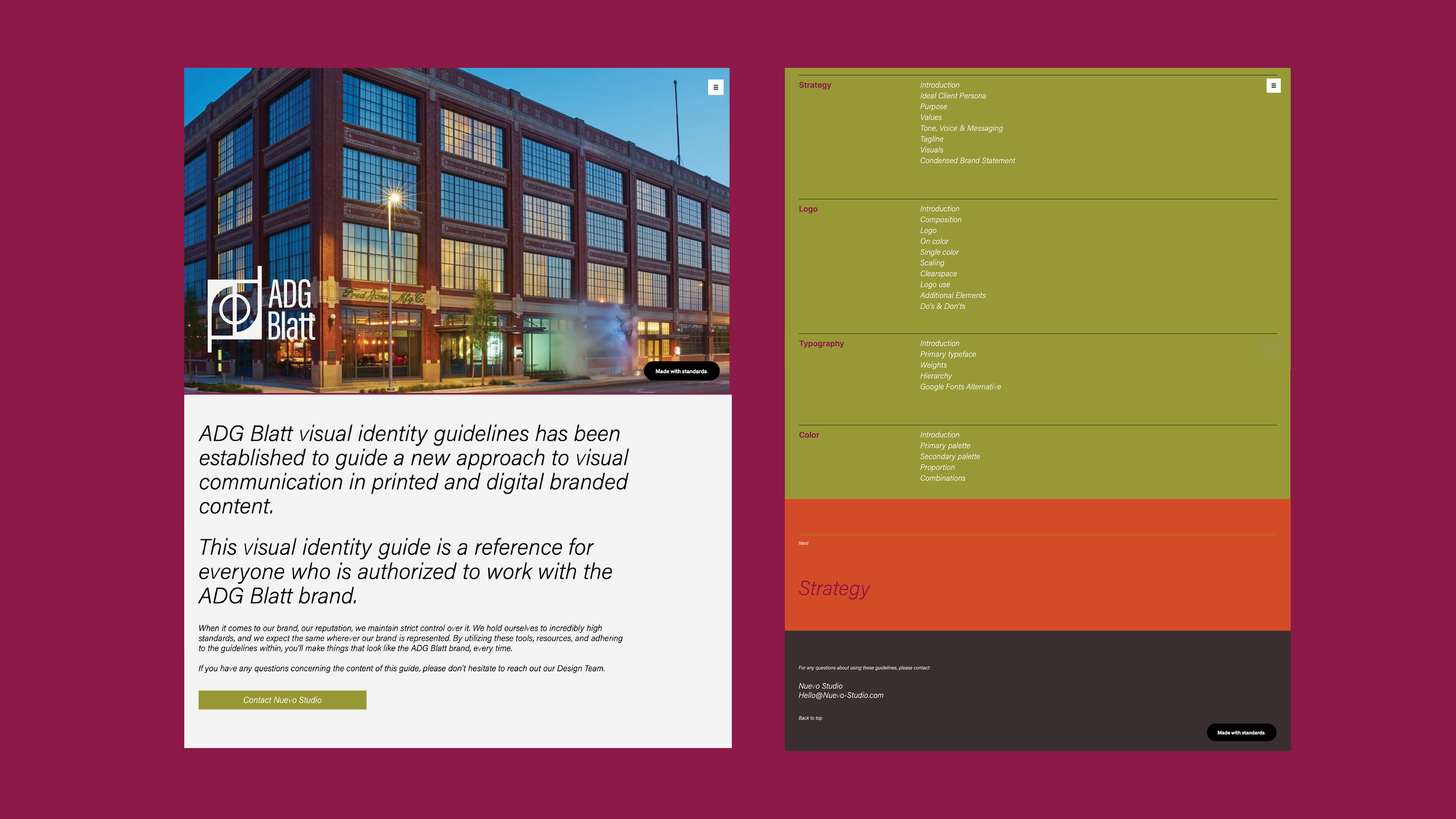 Two overlapping webpage screenshots on a pink background. The left shows a building with ADG Blatt logo and text, and the right shows a structured content outline with categories like Strategy, Logo, Typography, Color, and Next.