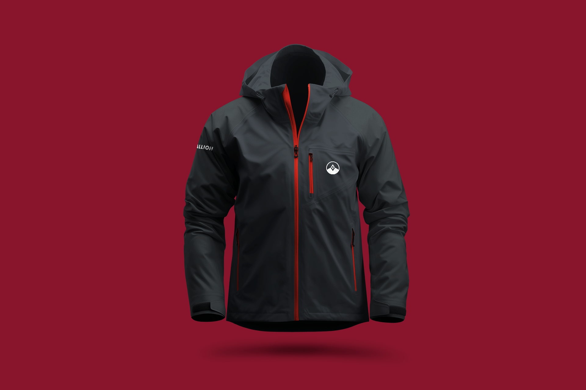 Black waterproof outdoor jacket with red accents on a red background.
