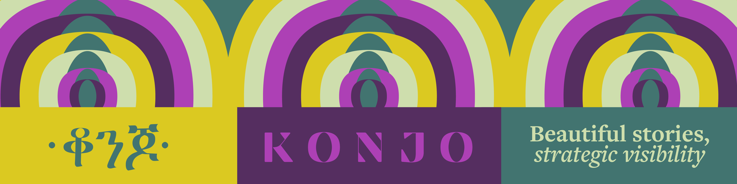 Pattern of colorful arched shapes with a purple, green, yellow, and cream color scheme and text overlay that says 'KONJO' and 'Beautiful stories, strategic visibility'.