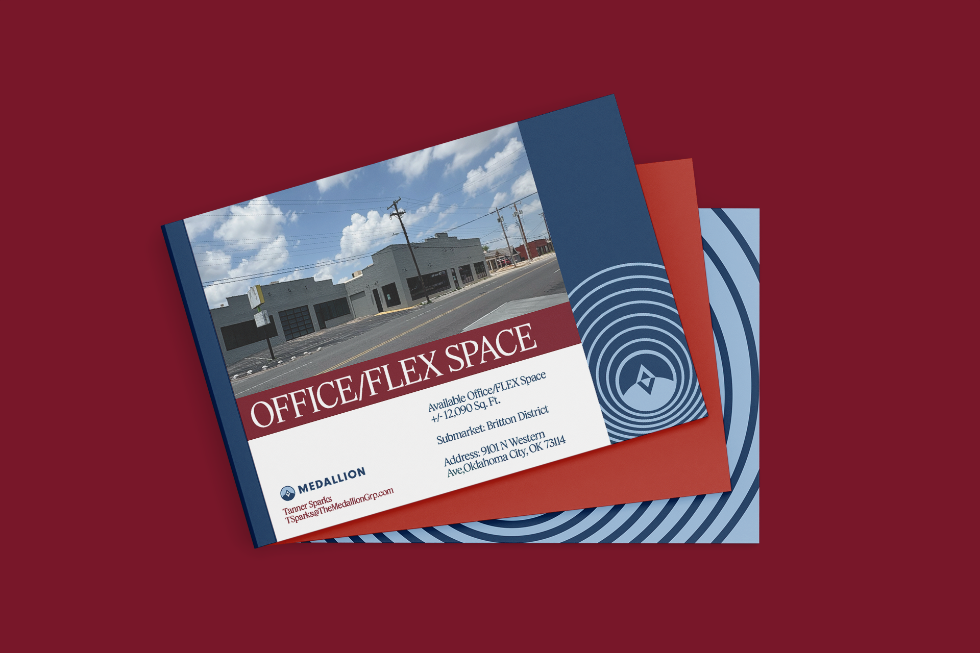 Brochure showcasing office space listing with a street view photo, bold red and blue design elements, and contact information.