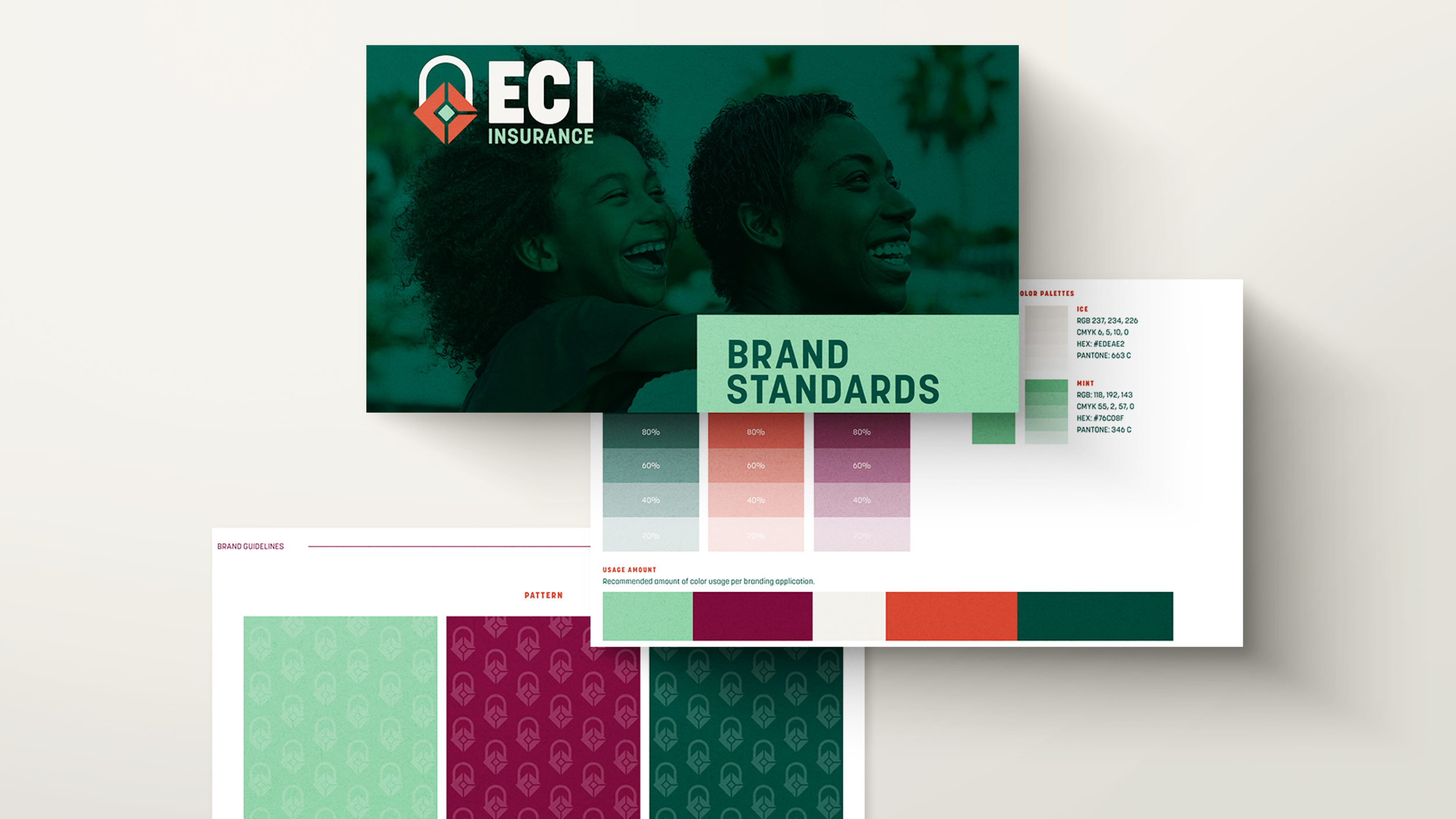 Brand standards document for ECI Insurance with a cover photo of two women smiling, and pages showing color palettes, patterns, and usage guidelines.
