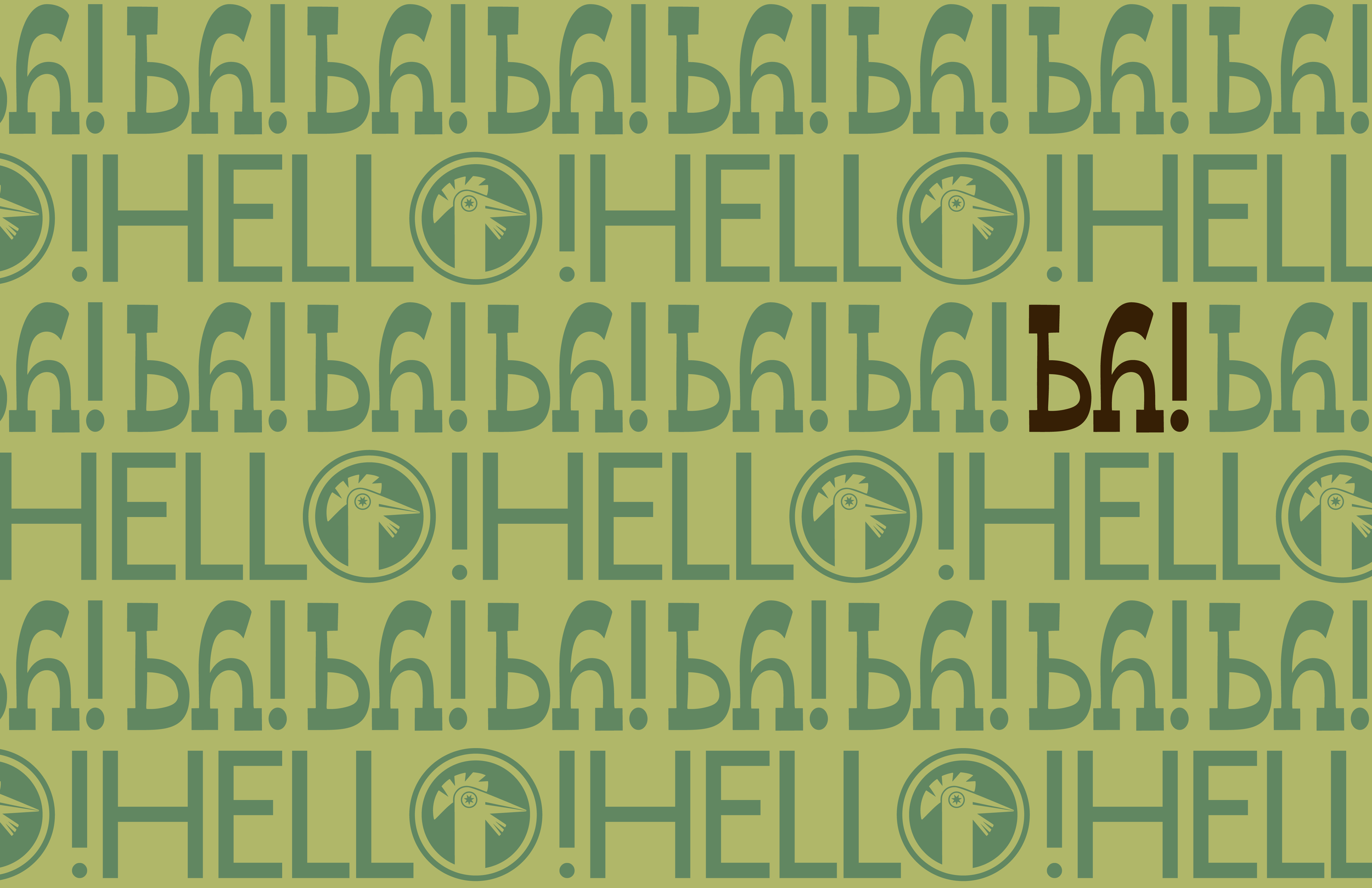 Pattern with the words 'HELLO' and exclamation marks, circular icons of a football and a star, and a brown number six on a light green background.