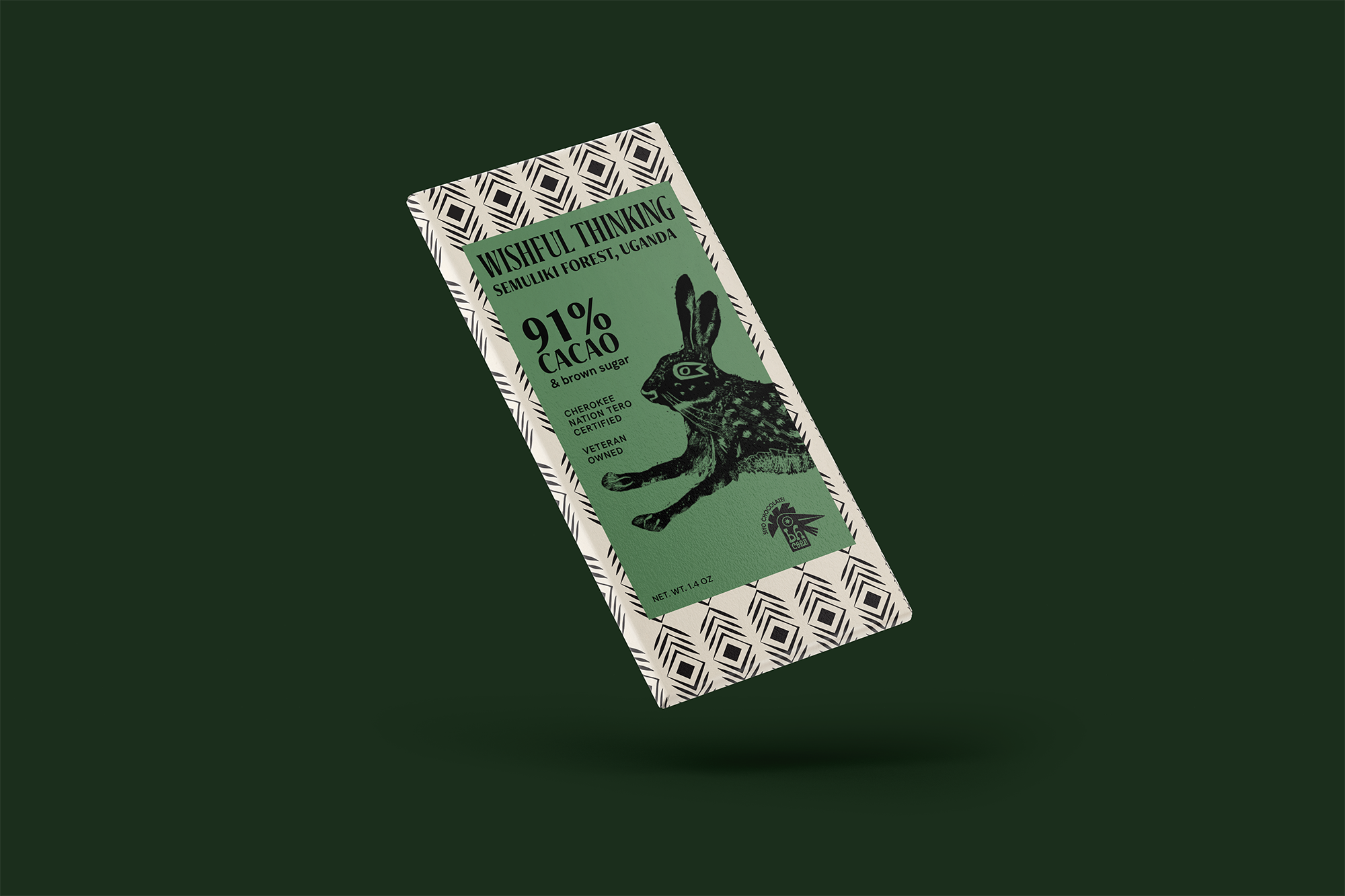 Chocolate bar with a green label featuring a hare illustration, claiming 91% cacao, in a black-and-white patterned wrapper on a dark green background.