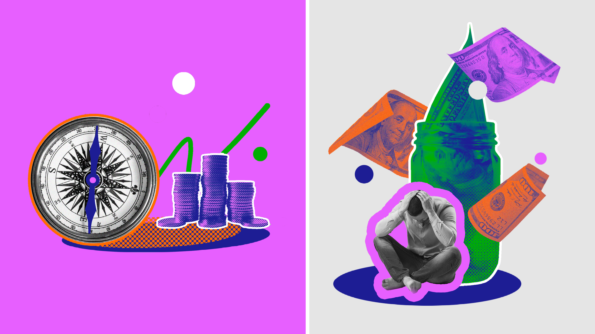A contrasting collage with a purple background on the left featuring a compass, stacked coins, and a rising line graph. The right side has a gray background with a torn dollar bill jar, floating hundred-dollar bills, and a distressed person sitting with head in hands, highlighted with colorful outlines.