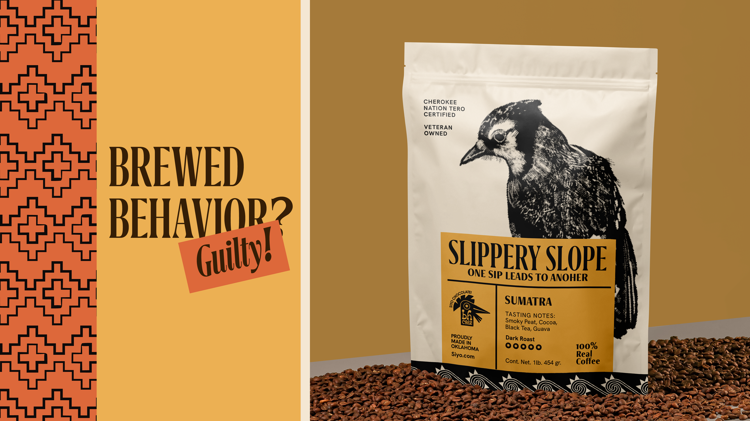 Coffee product packaging of Slippery Slope Sumatra dark roast coffee with a black and white illustration of a bird on the front, set against a brown background, with roasted coffee beans scattered in front.