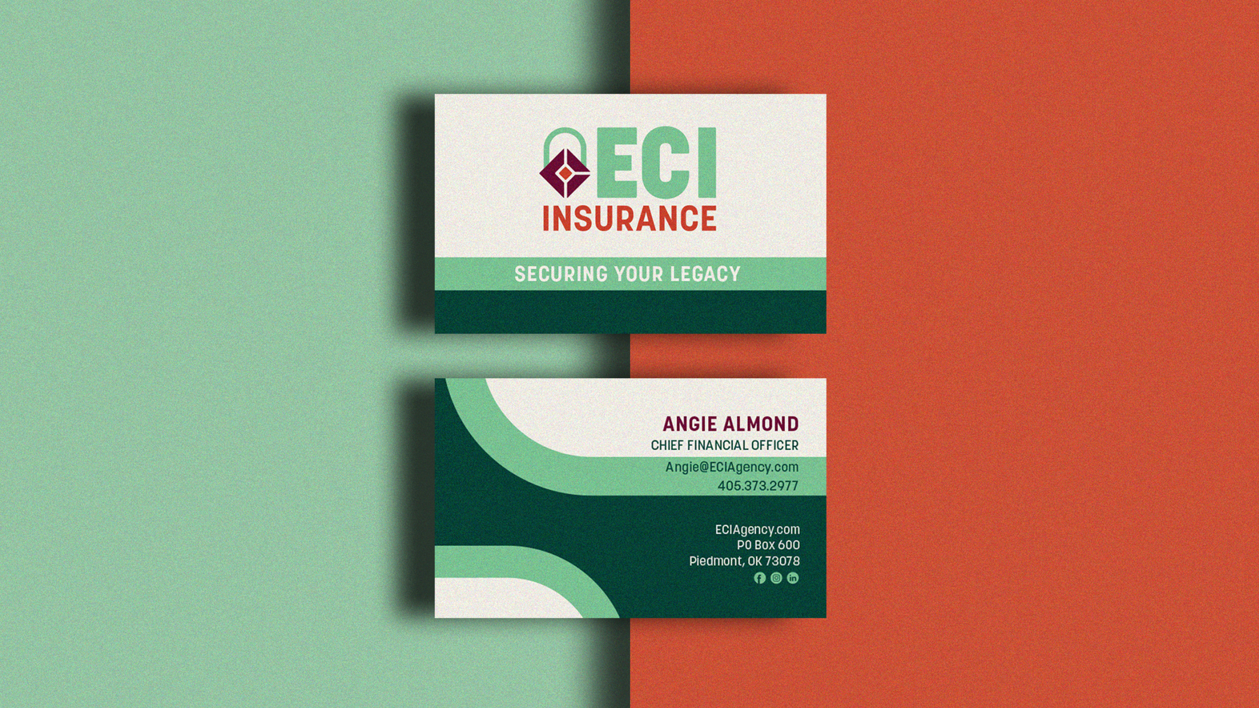 Business card for ECI Insurance featuring logo, company slogan, and contact information for Angie Almond, Chief Financial Officer, on a split background of green and orange.