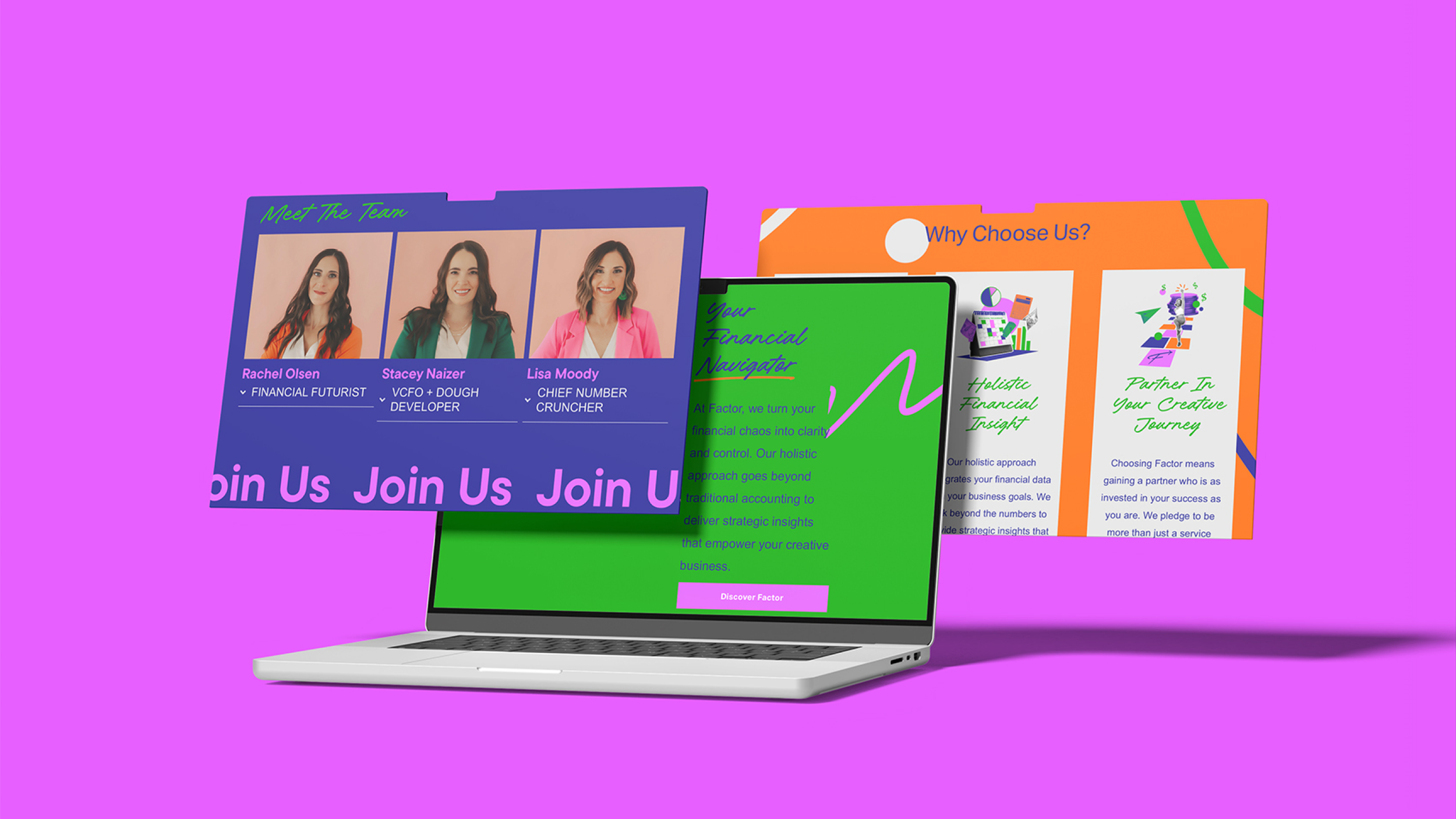 Digital illustration of a laptop with colorful presentation slides floating above it on a purple background.