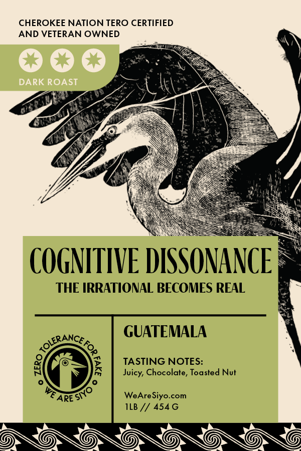 Packaging for Cherokee Nation Tero Certified Dark Roast Guatemala coffee, featuring an illustration of a heron or crane and botanical elements, with tasting notes of juicy fruit, chocolate, and toasted nut.