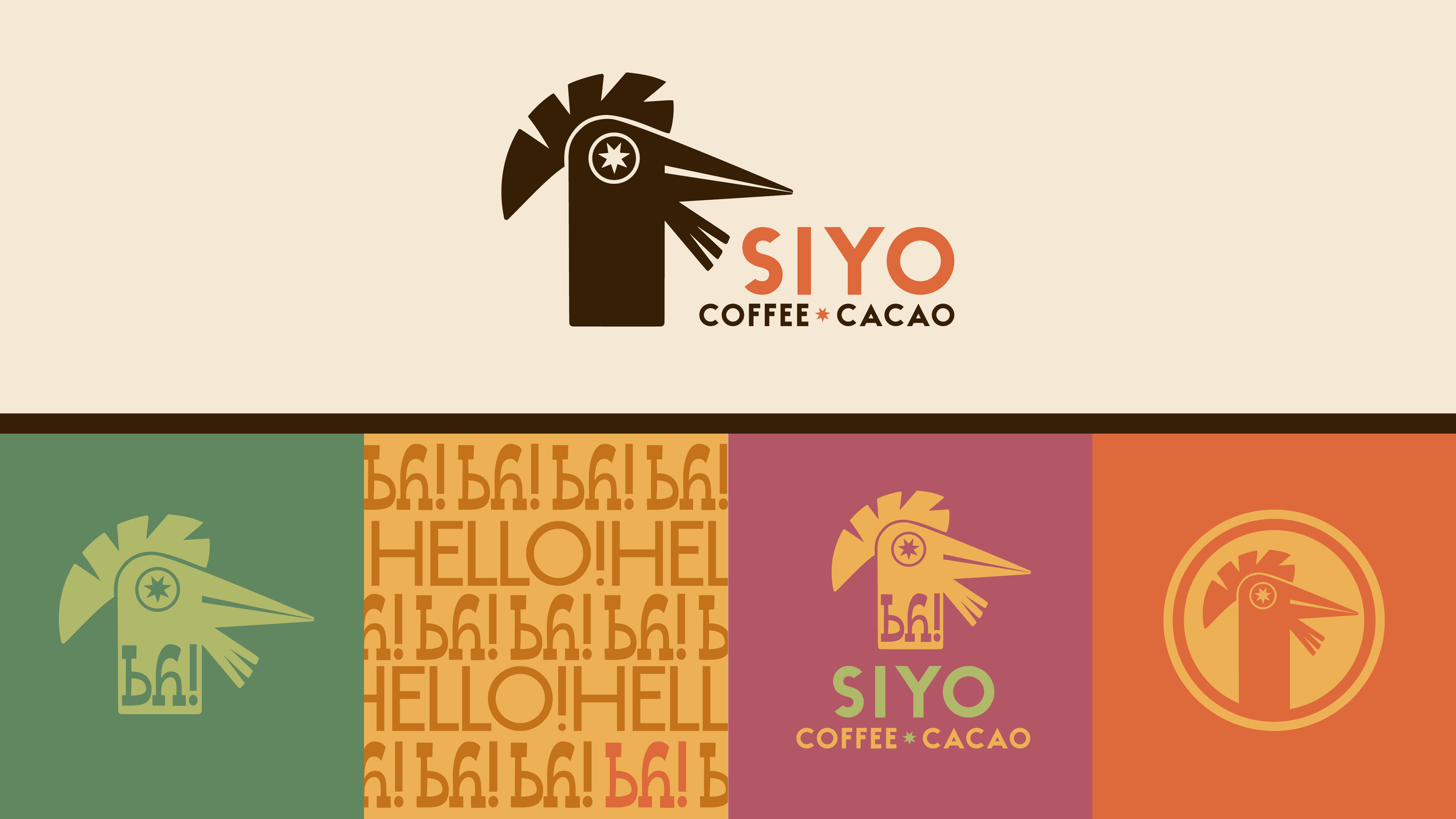 Multiple logo designs for SIYO Coffee Cacao, featuring a stylized bird with a star in the eye, in various colors and styles.