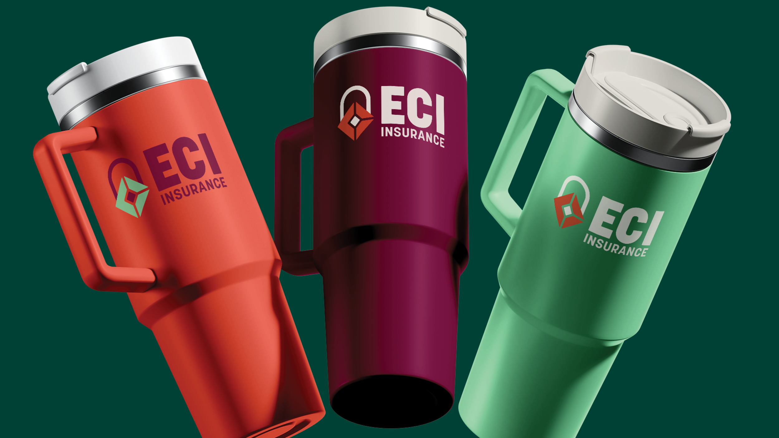 Three travel mugs with ESG Insurance logos in red, purple, and green colors on a dark green background.
