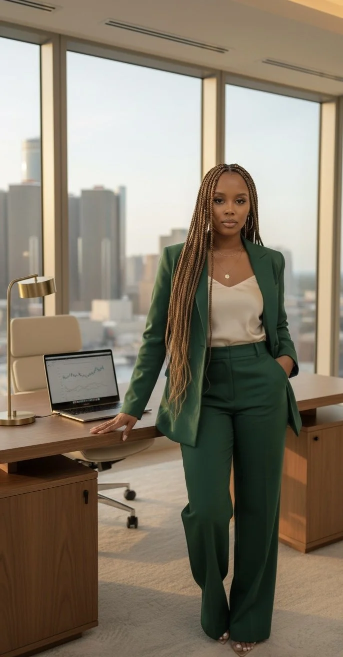 A woman in a green suit standing in an office with large windows and cityscape view, resting her hand on a desk with a laptop displaying a graph.