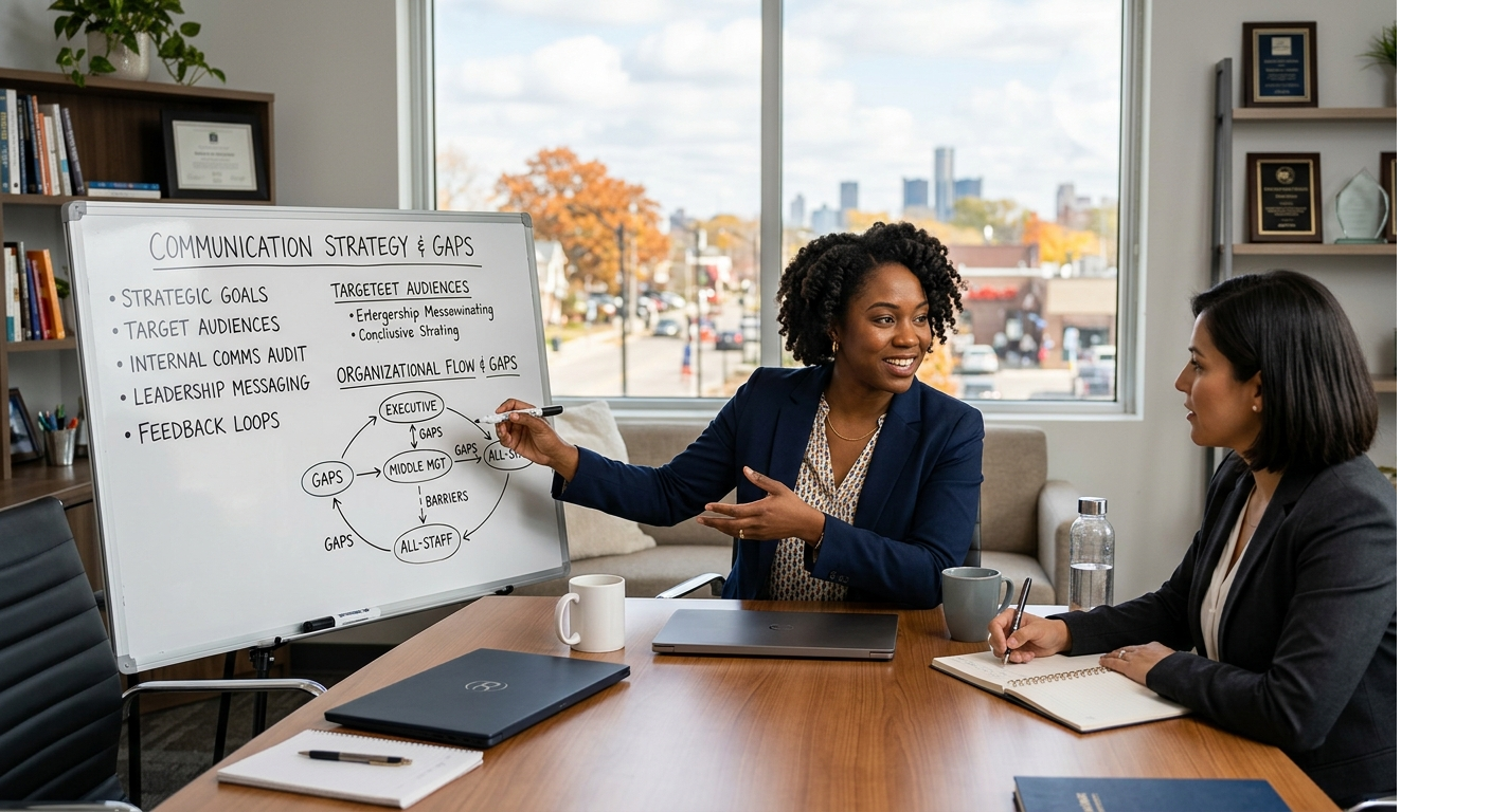 Two women in business attire having a discussion in a conference room, one pointing at a whiteboard with diagram and notes about communication strategy, while the other takes notes.