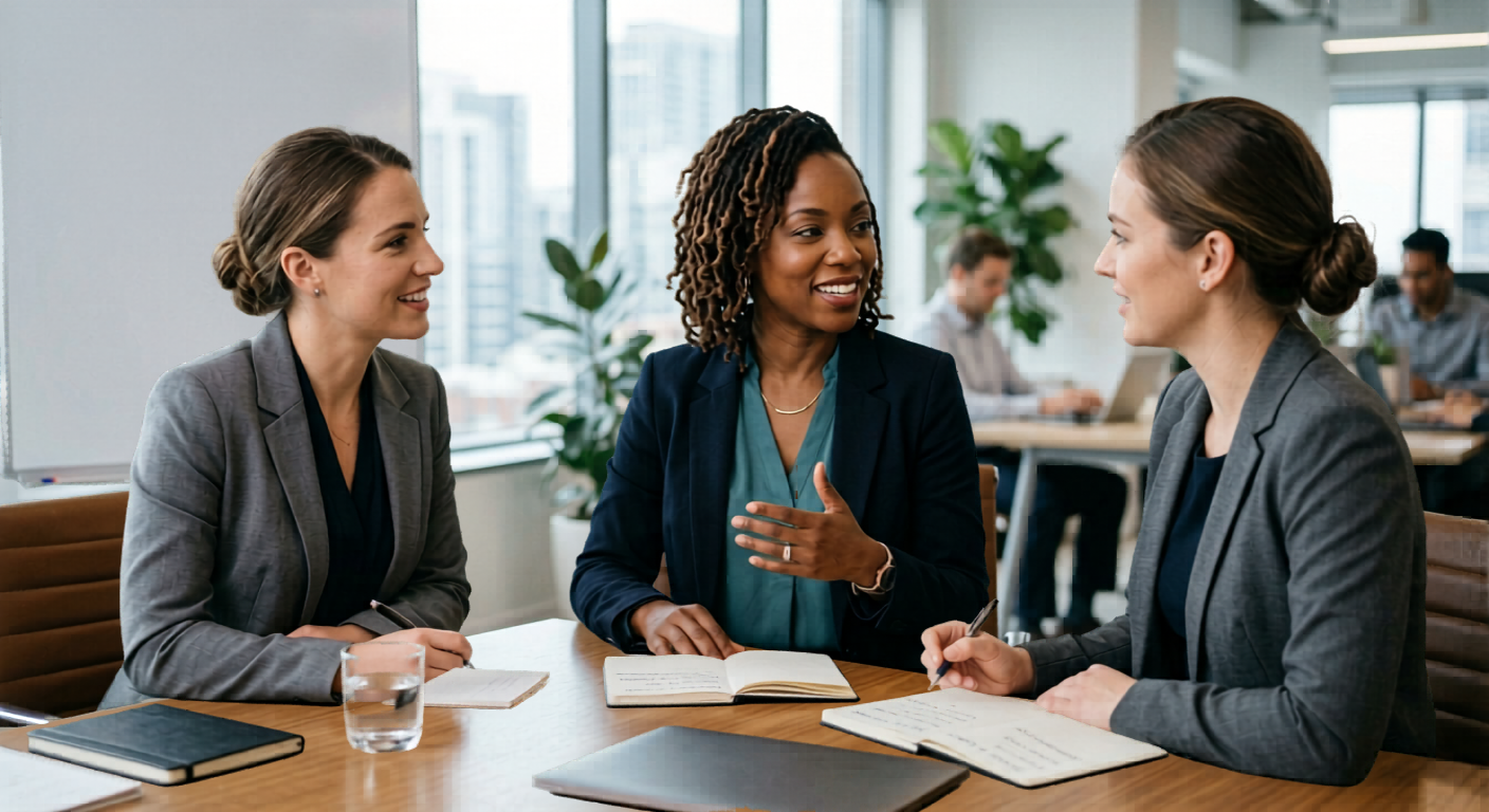 Three women in business attire having a discussion at a meeting table in a modern office with large windows and other coworkers working in the background.