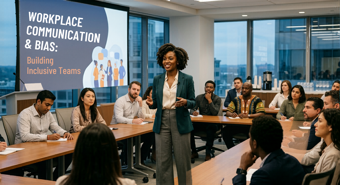A woman speaker standing in front of a large screen that reads 'Workplace Communication & Bias: Building Inclusive Teams' during a presentation to an audience in a conference room with large windows.