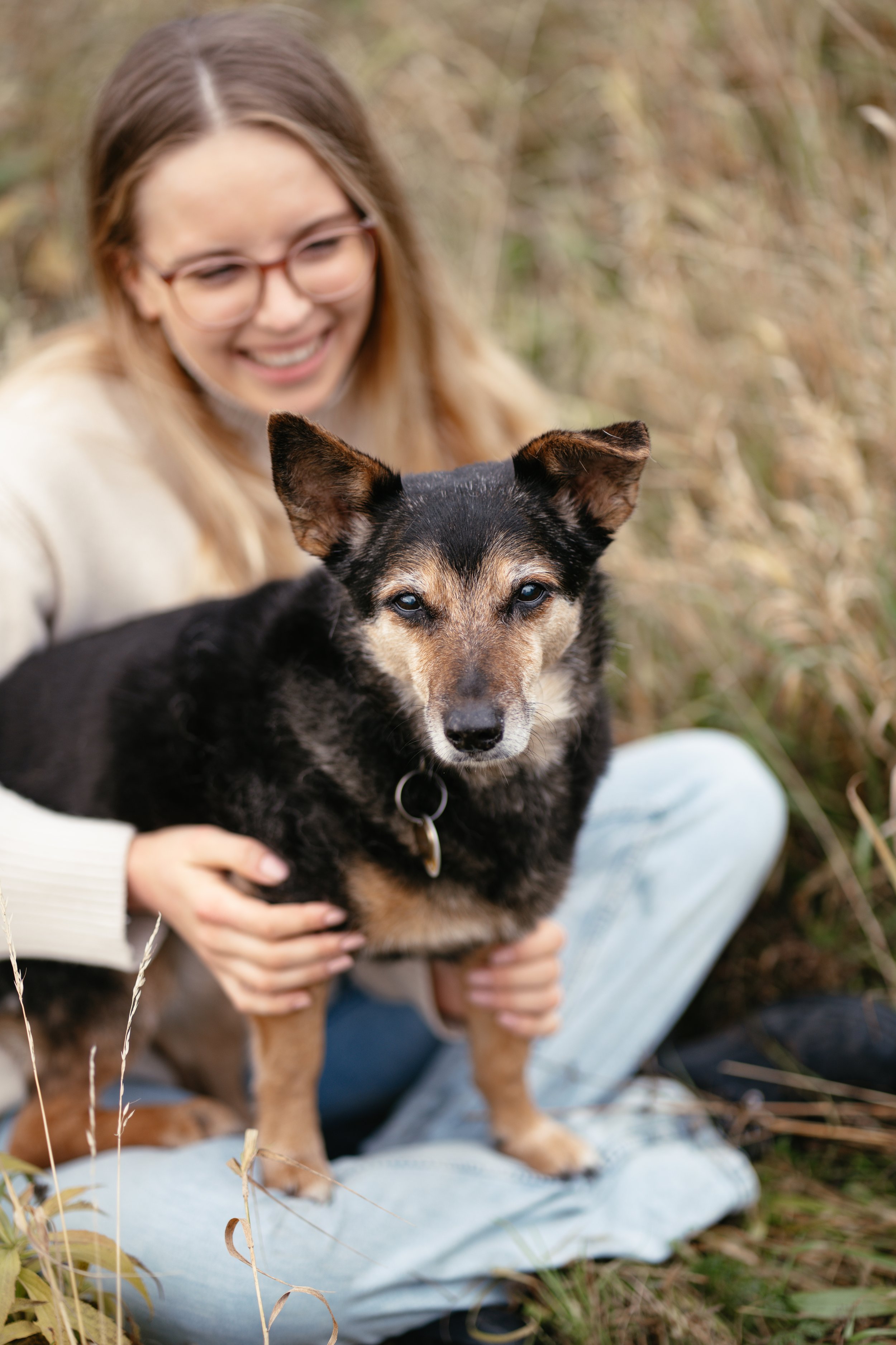 Tierschutzmischling sitzt auf dem Schoß von ihrem Frauchen.
