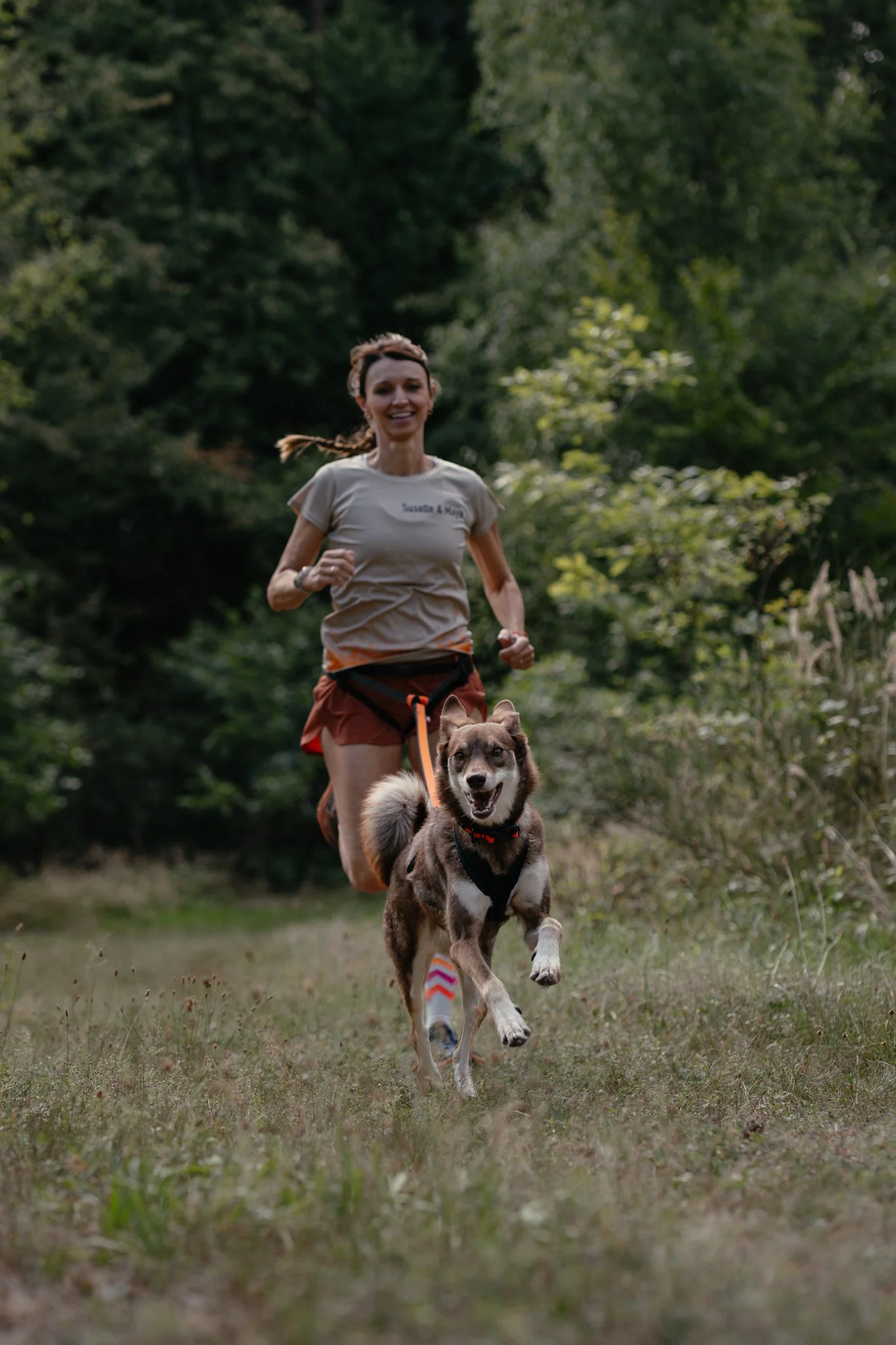 Eine Frau läuft mit einem Hund auf einem Waldweg Canicross.