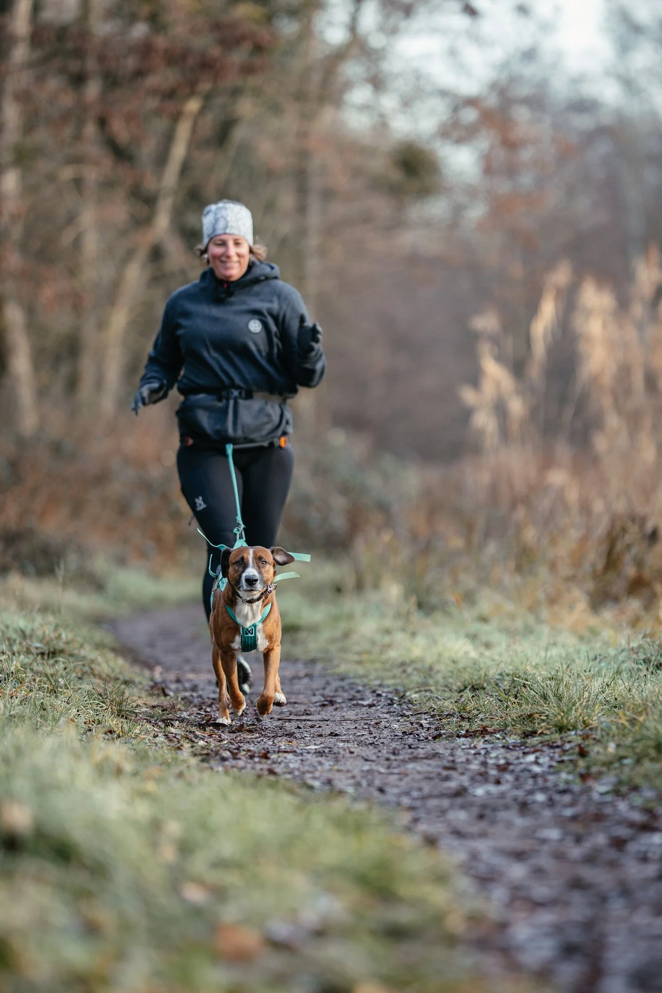 Eine Frau läuft Canicross mit einem Hund auf einem Waldweg im Winter.
