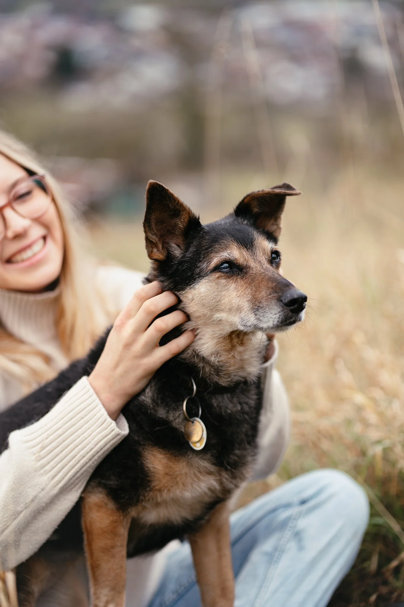 Frauchen krault Hündin am Kinn.