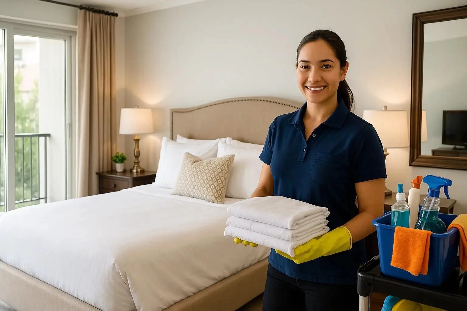 A smiling woman in a navy blue uniform holding folded towels in a hotel room. There is a cleaning cart with cleaning supplies next to her, and the room has a large bed, lamps, a mirror, and a balcony with a view outside.