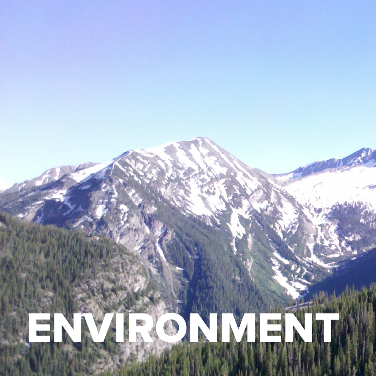 A mountain landscape with snow-capped peaks and green forests, with the word 'ENVIRONMENT' written at the bottom.