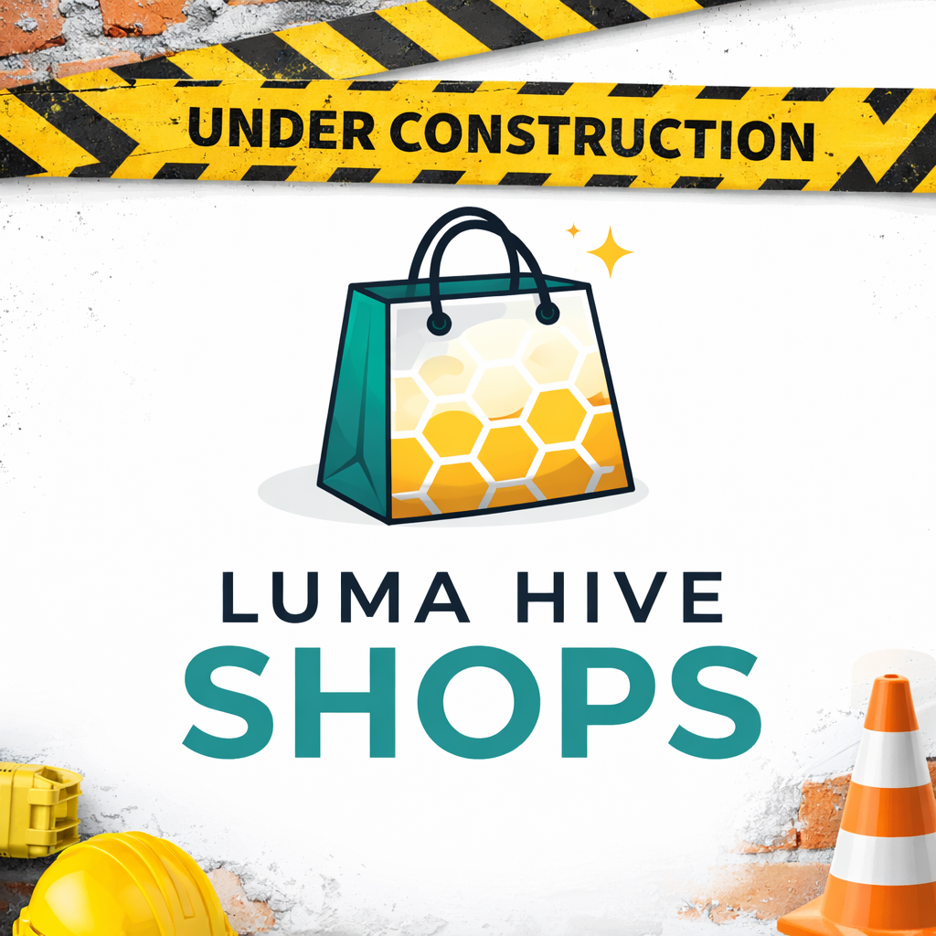 Illustration of a shopping bag with a honeycomb pattern, set below a yellow and black 'Under Construction' barrier, with construction cones and a yellow toolbox in the background.