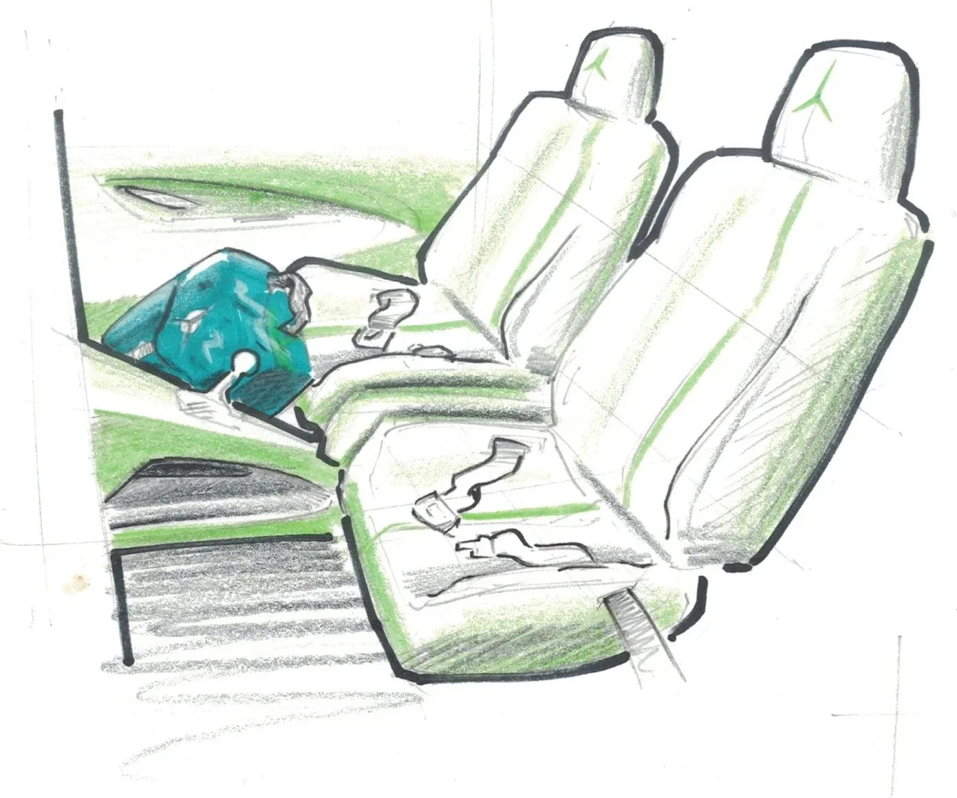 Sketch of airplane seats with a blue backpack on the first seat.