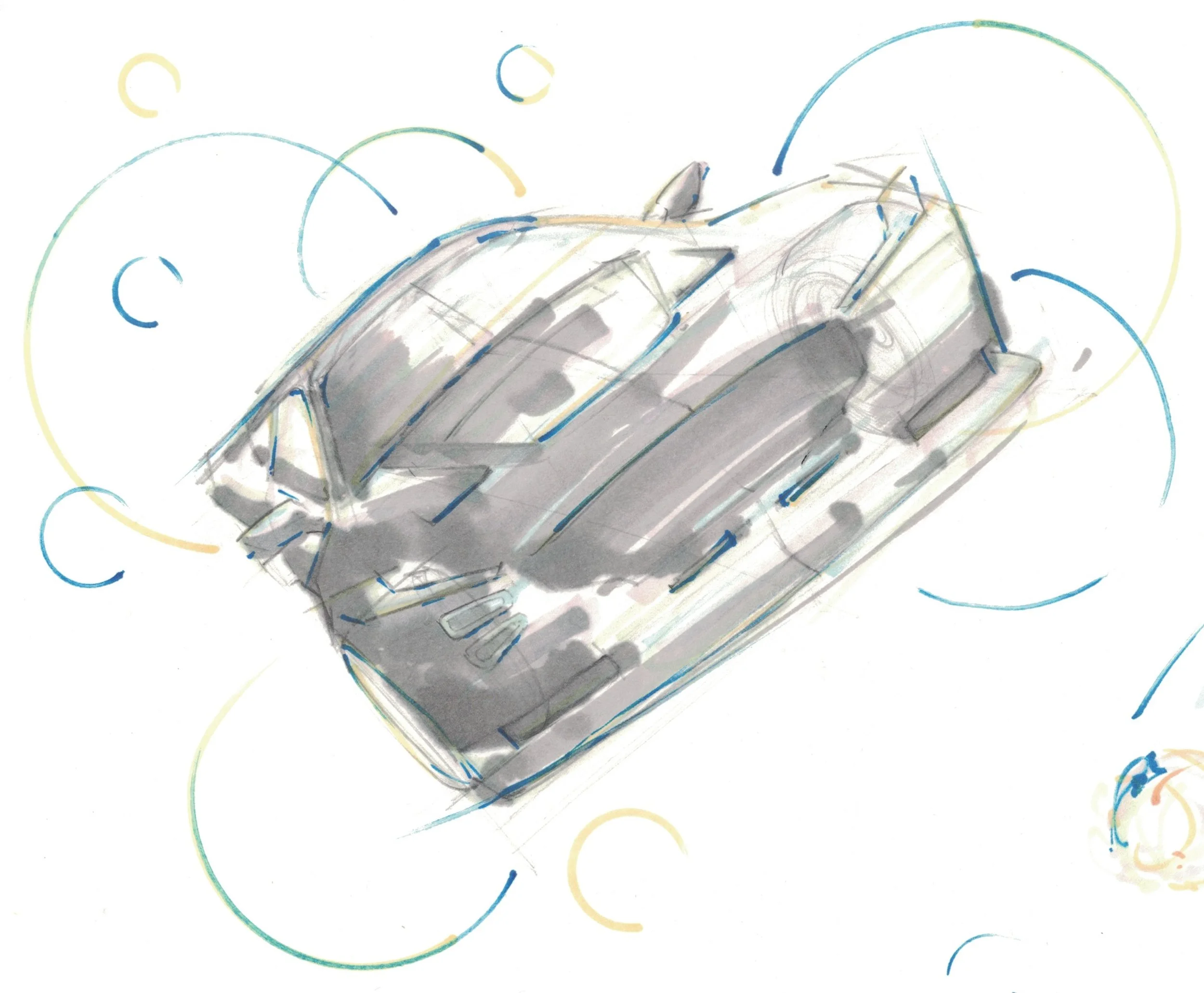 Sketch of a futuristic vehicle with sleek design, surrounded by colorful circular lines.