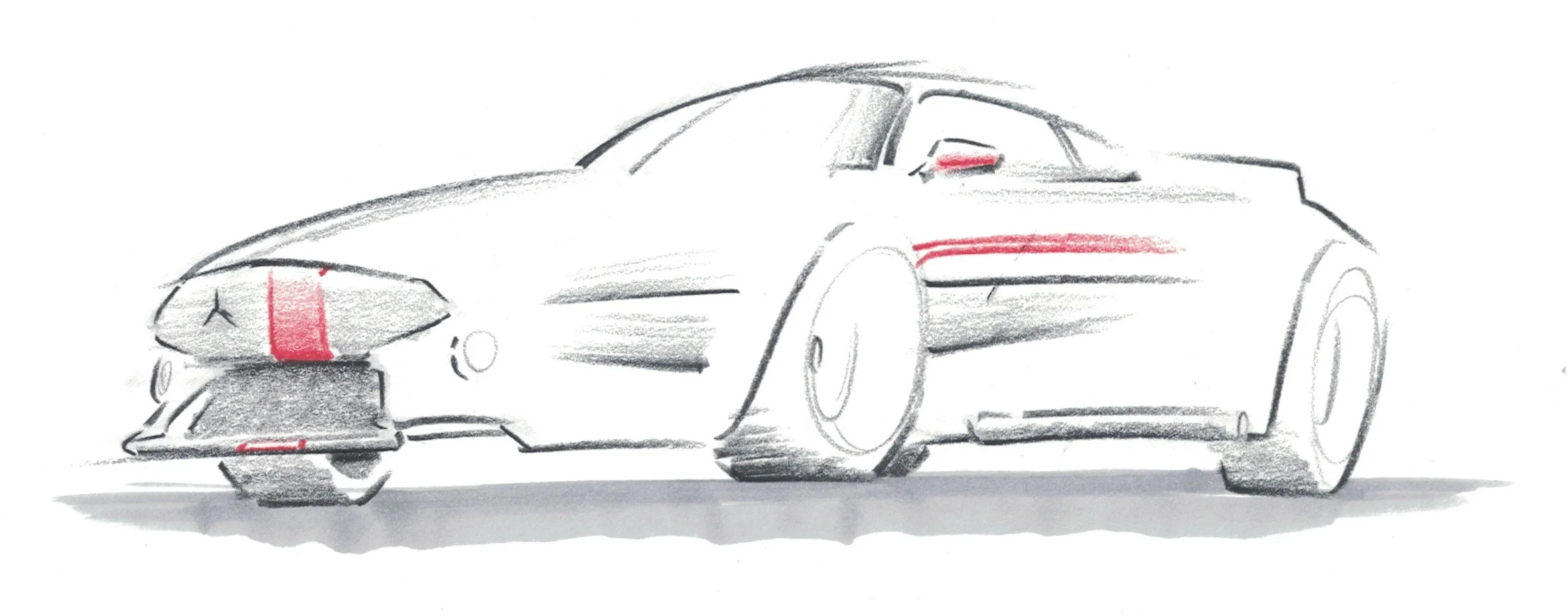 Sketch of a sleek, modern sports car with black body and red accents, viewed from the front and side angles.