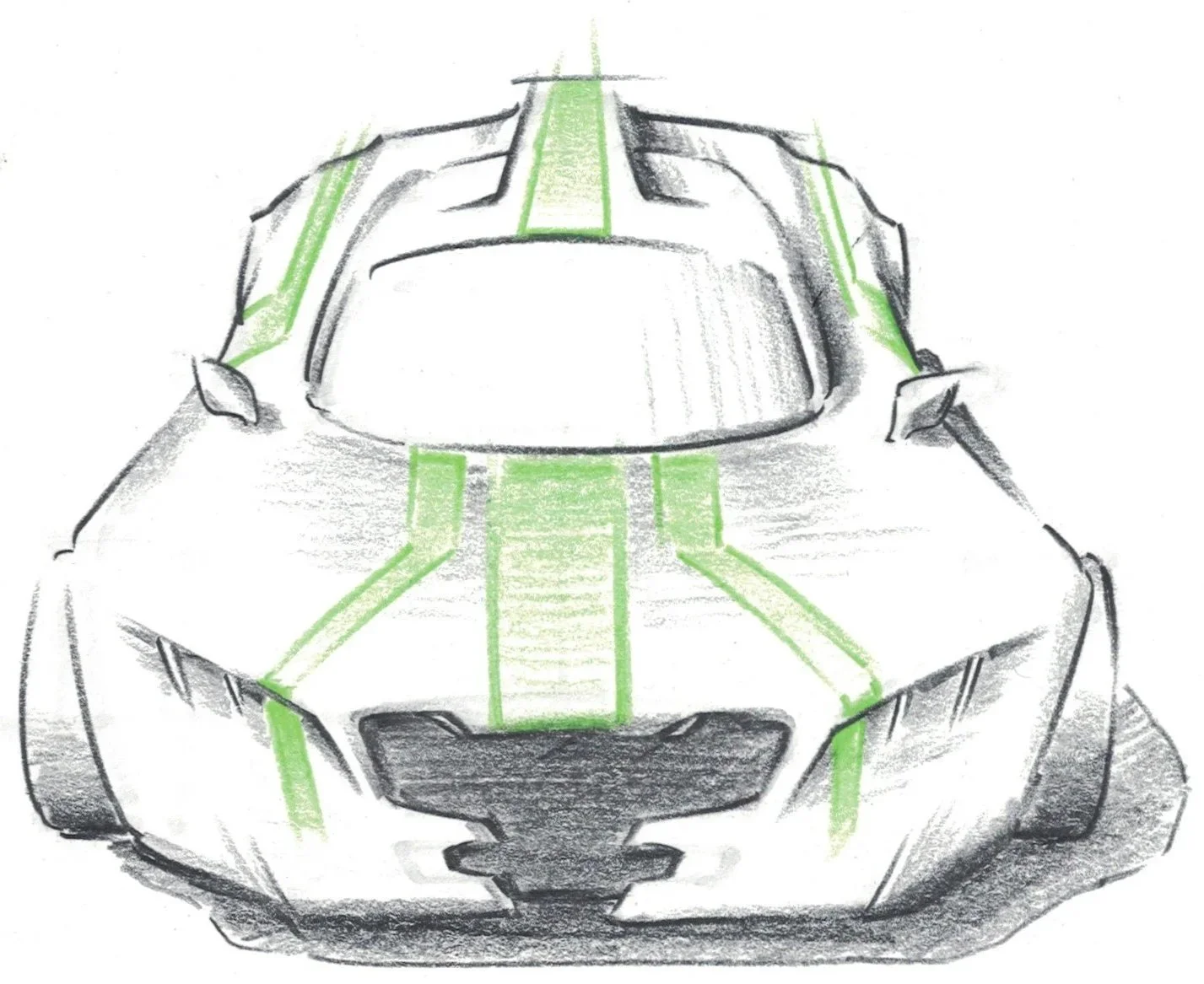 Drawing of a race car with black outlines and green stripes on the front, viewed from the front.