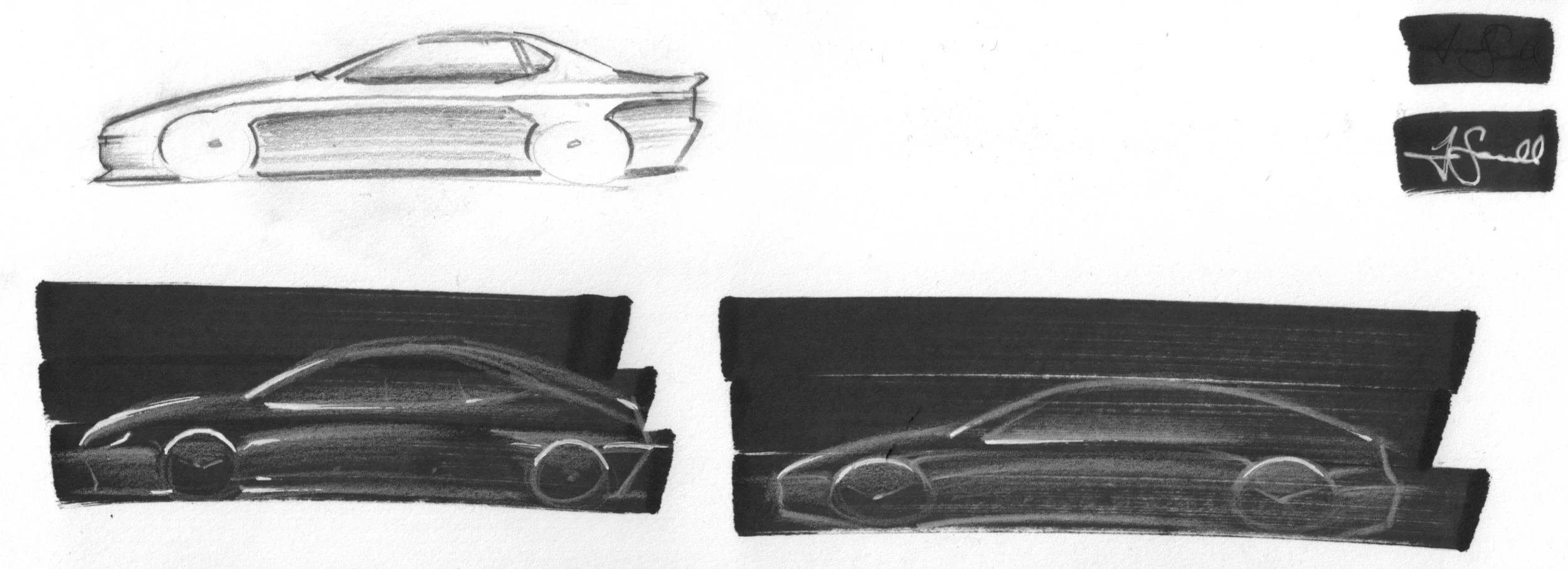 Sketches of three cars viewed from different angles, with signatures or notes in the upper right corner.