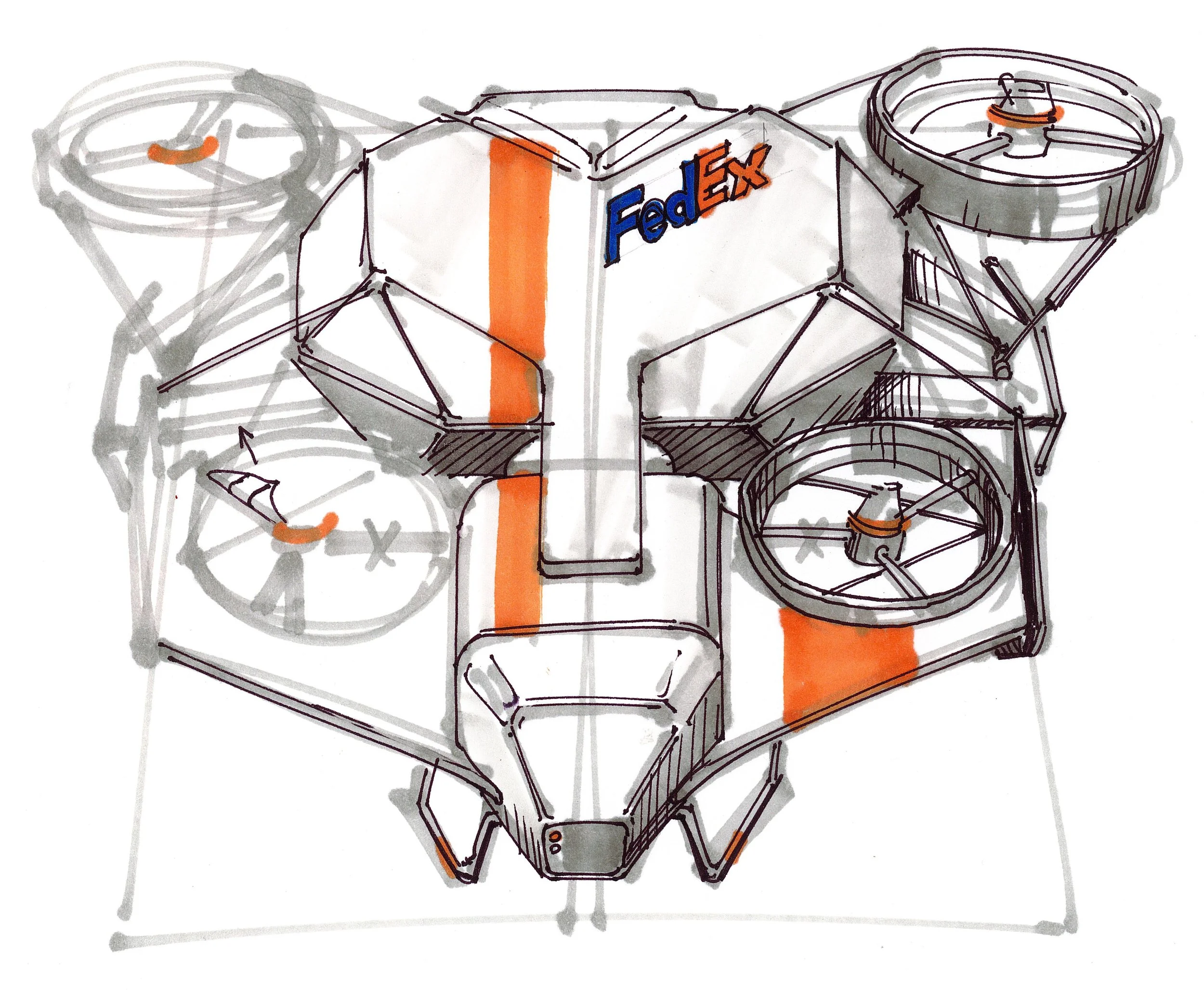 Sketch of a drone with FedEx branding, featuring multiple rotors and a central cargo compartment, in black and orange colors.