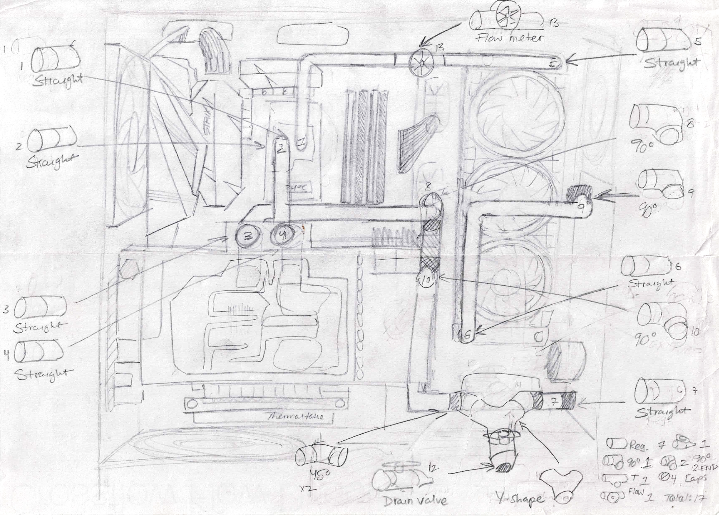 Hand-drawn schematic of an HVAC system with labeled components including pipes, flow meter, fans, valves, and ductwork, annotated with measurements and directional arrows.