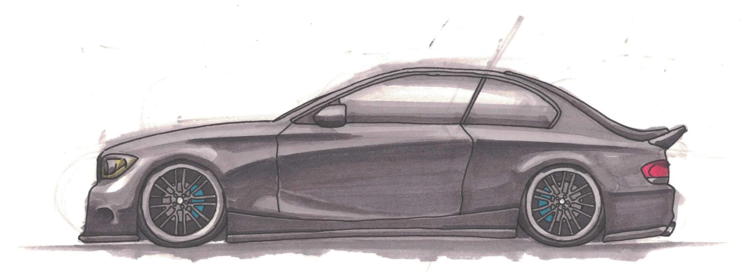 A hand-drawn illustration of a gray sports car with black wheels and blue brake calipers, viewed from the side.